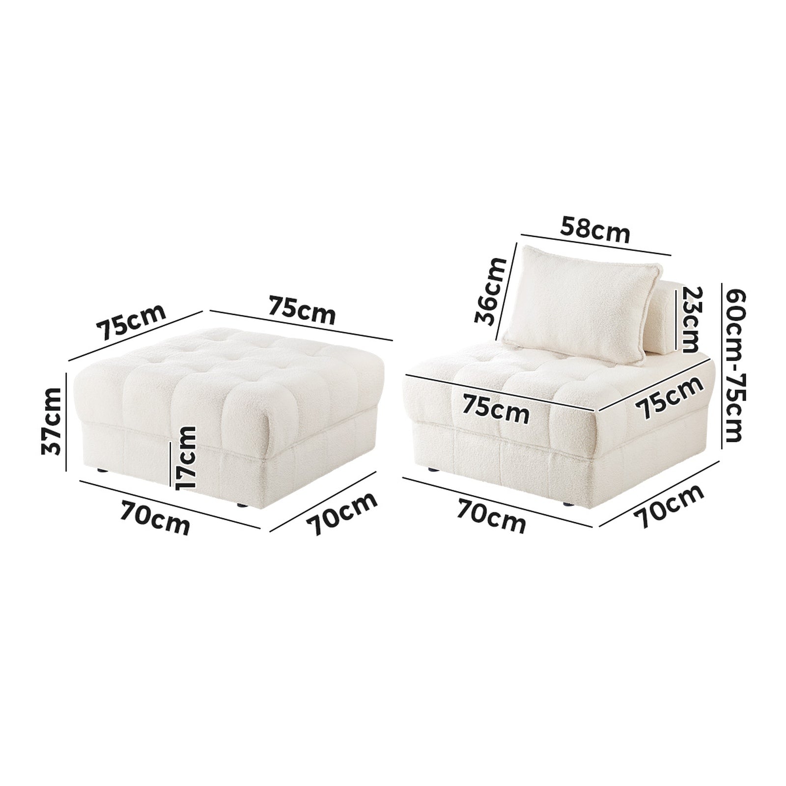 Oikiture 2 Seater Boucle Modular Sofa & Ottoman Set Armless TOFU Back White - Sunyee