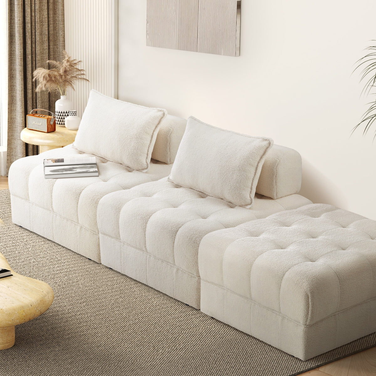 Oikiture 3 Seater Boucle Modular Sofa & Ottoman Set Armless TOFU Back White - Sunyee