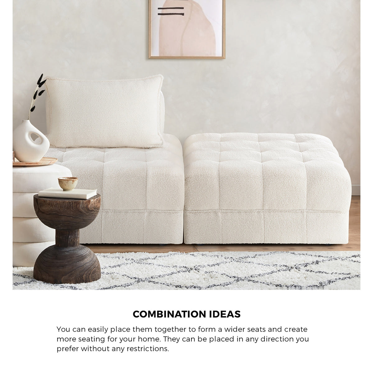 Oikiture 3 Seater Boucle Modular Sofa & Ottoman Set Armless TOFU Back White - Sunyee