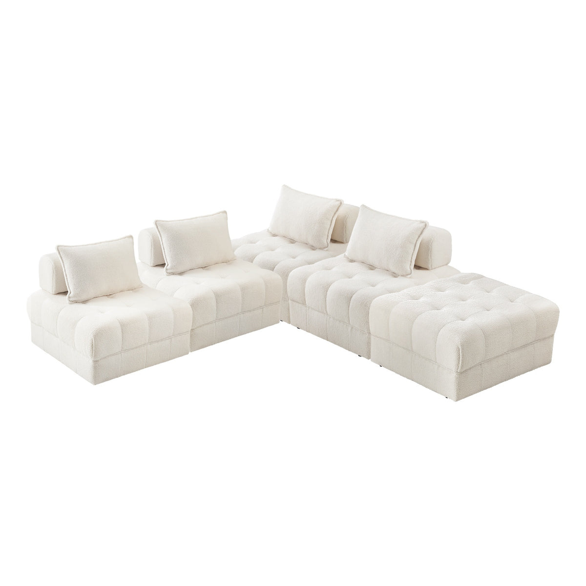 Oikiture 5 Seater Boucle Modular Sofa & Ottoman Set Armless TOFU Back White - Sunyee