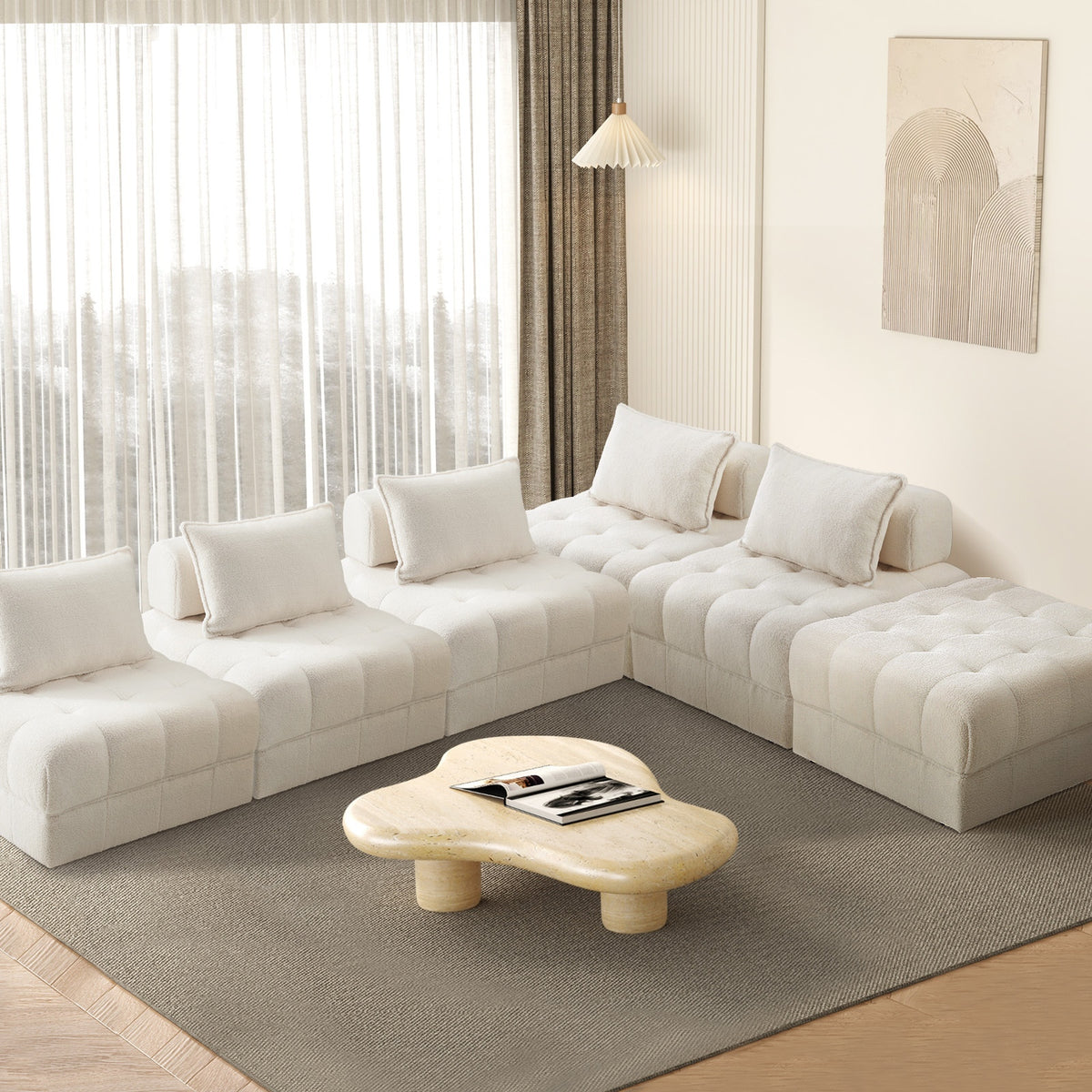 Oikiture 6 Seater Boucle Modular Sofa & Ottoman Set Armless TOFU Back White - Sunyee