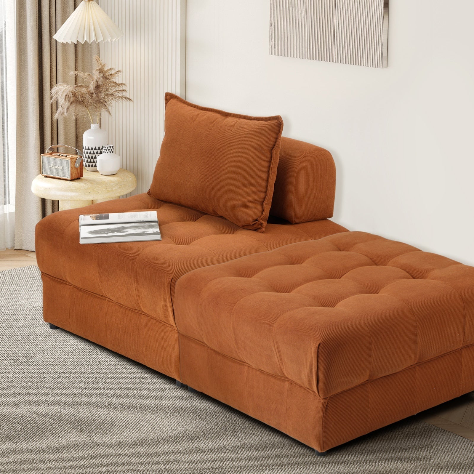 Oikiture 2 Seater Velvet Modular Sofa & Ottoman Set Armless TOFU Back Brown - Sunyee