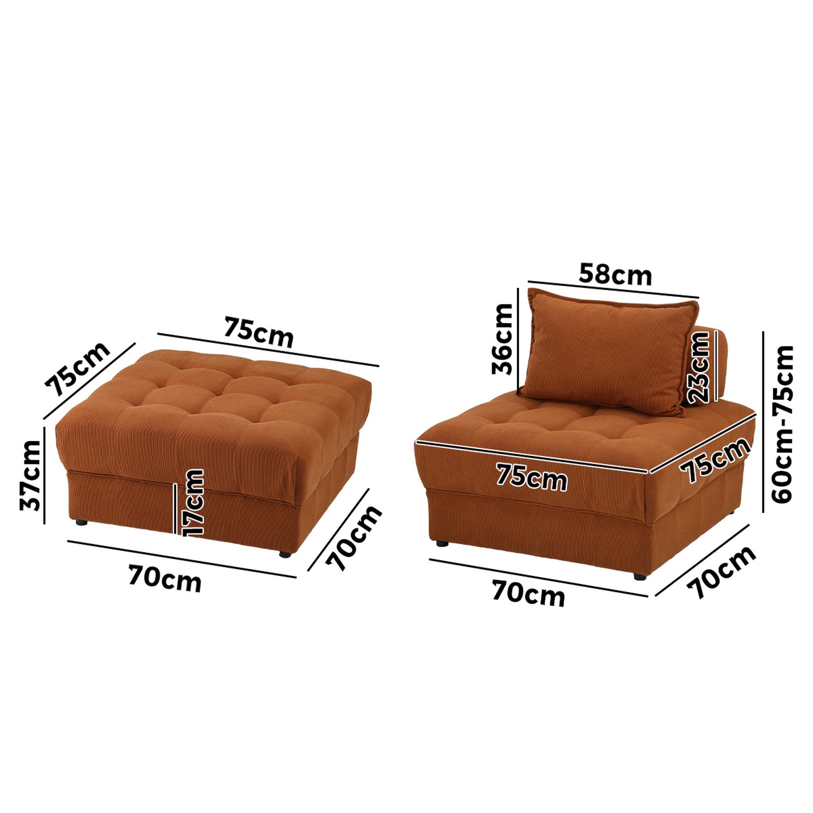 Oikiture 2 Seater Velvet Modular Sofa & Ottoman Set Armless TOFU Back Brown - Sunyee