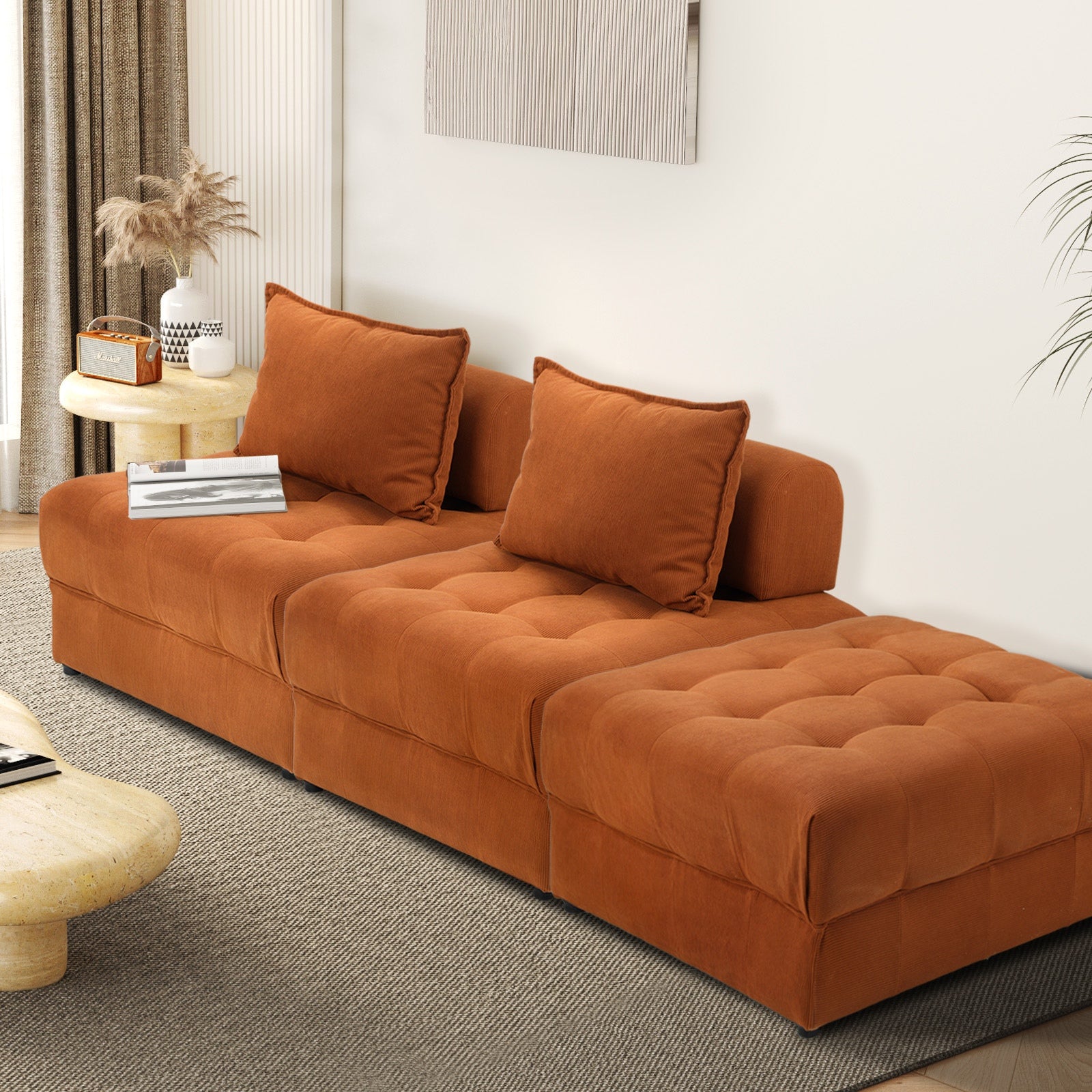Oikiture 3 Seater Velvet Modular Sofa & Ottoman Set Armless TOFU Back Brown - Sunyee