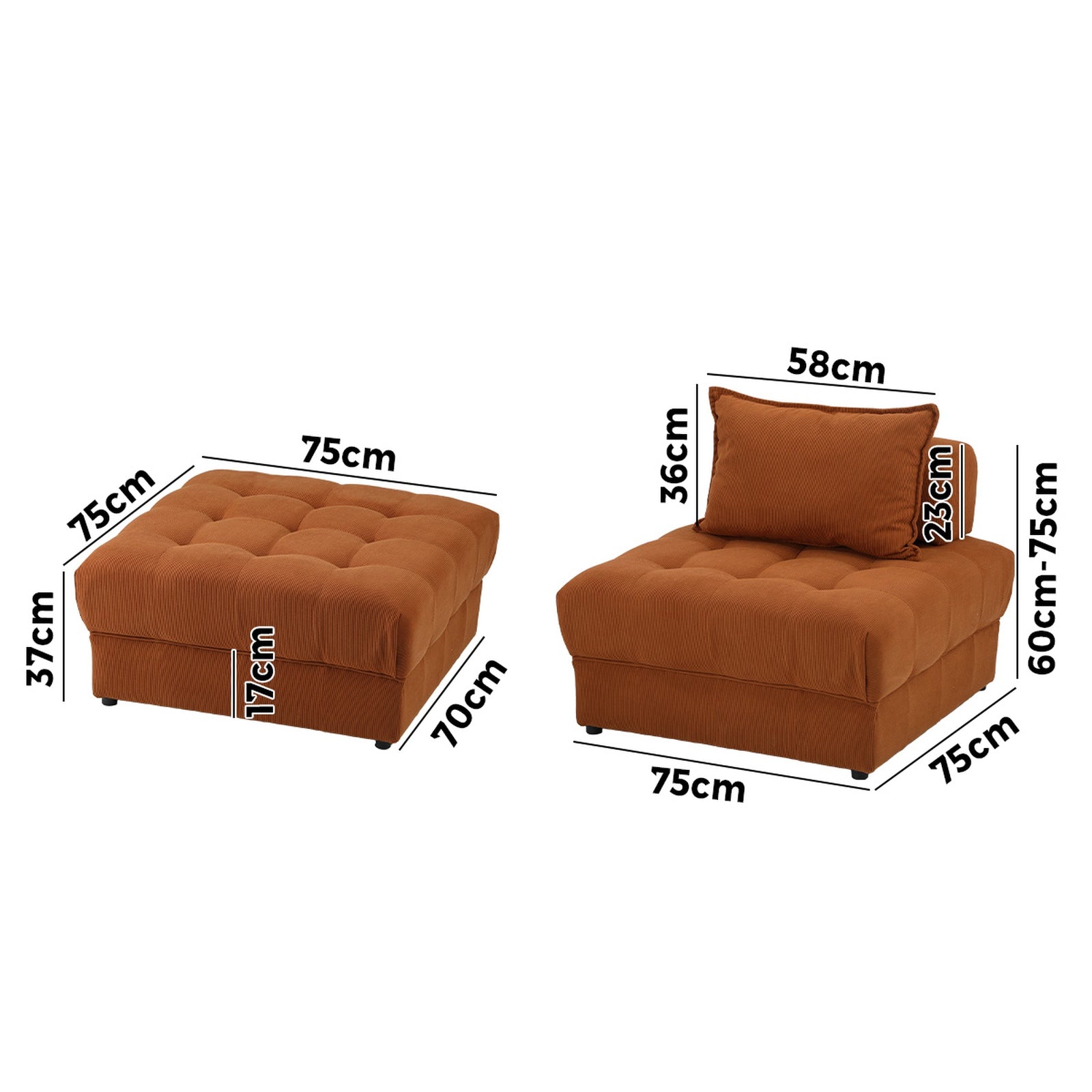 Oikiture 3 Seater Velvet Modular Sofa & Ottoman Set Armless TOFU Back Brown - Sunyee