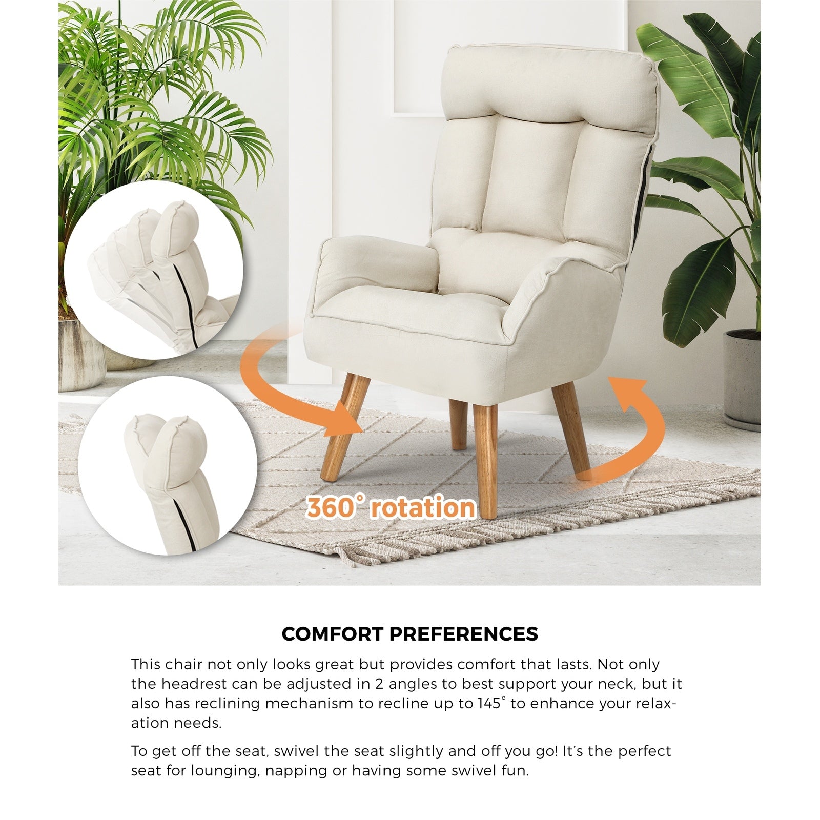 Oikiture 2x 360 Swivel Recliner Armchair Lounge Ottoman Chair With Stool Beige - Sunyee