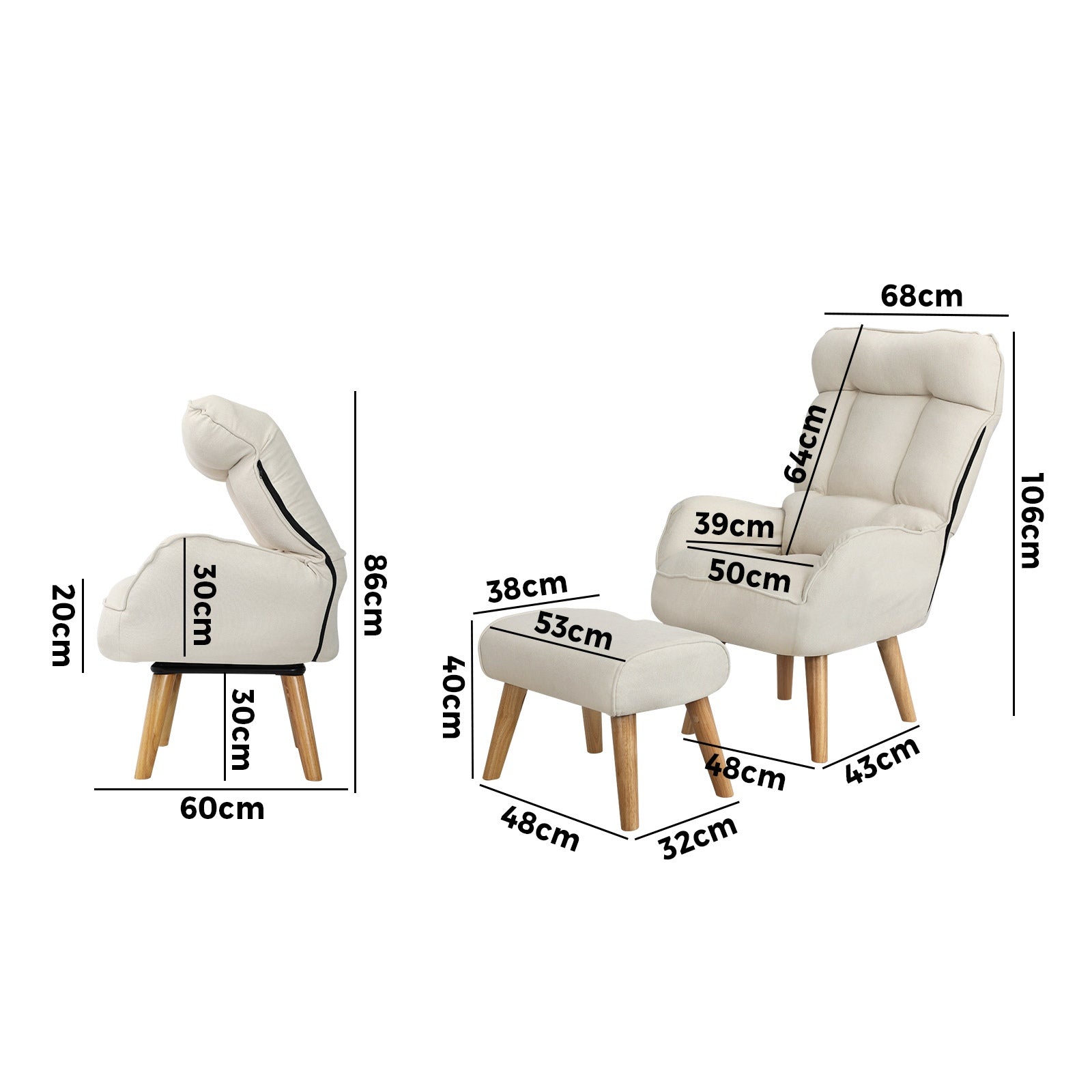 Oikiture 2x 360 Swivel Recliner Armchair Lounge Ottoman Chair With Stool Beige - Sunyee