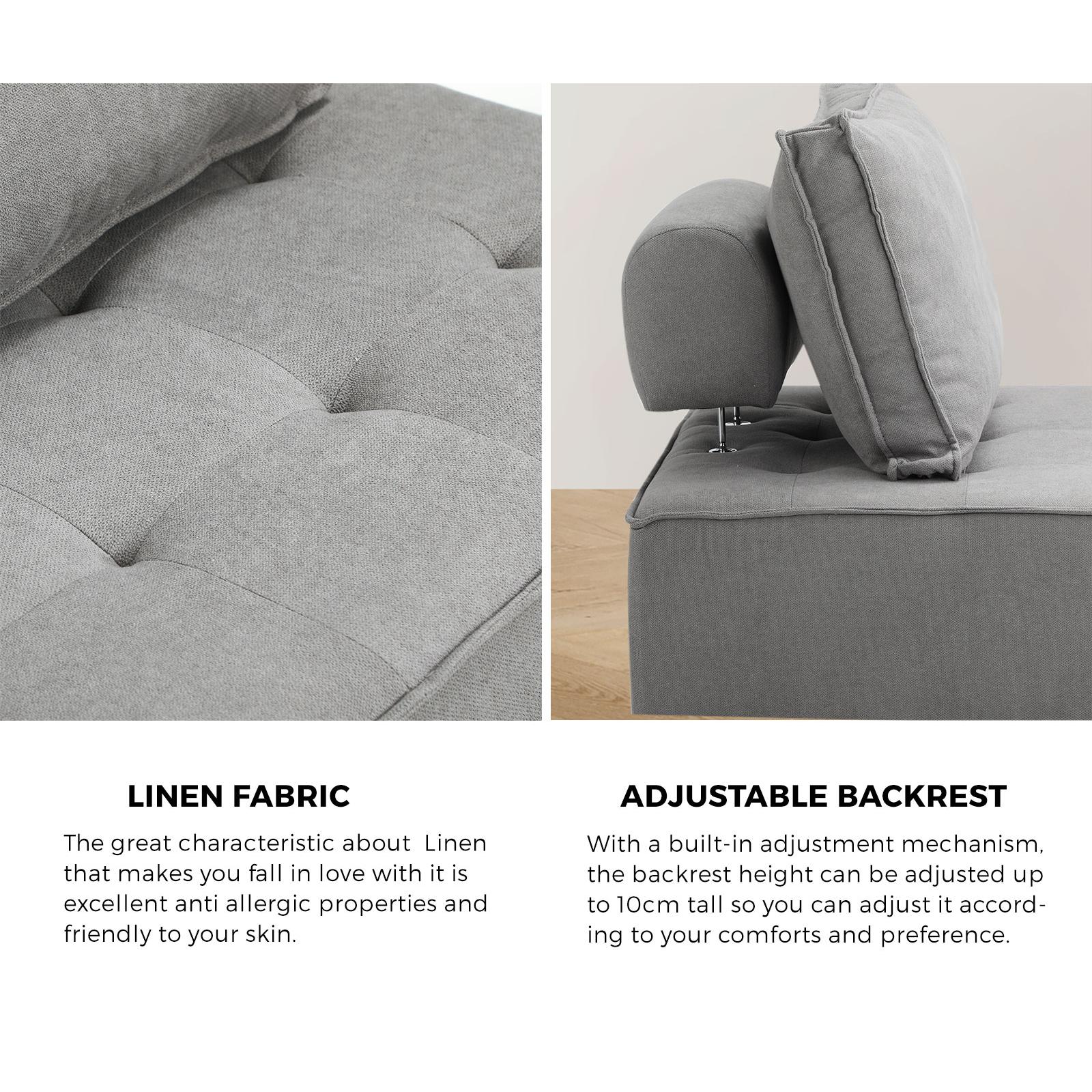 Oikiture 3PCS Modular Sofa Lounge Chair Armless Adjustable Back Linen Grey - Sunyee