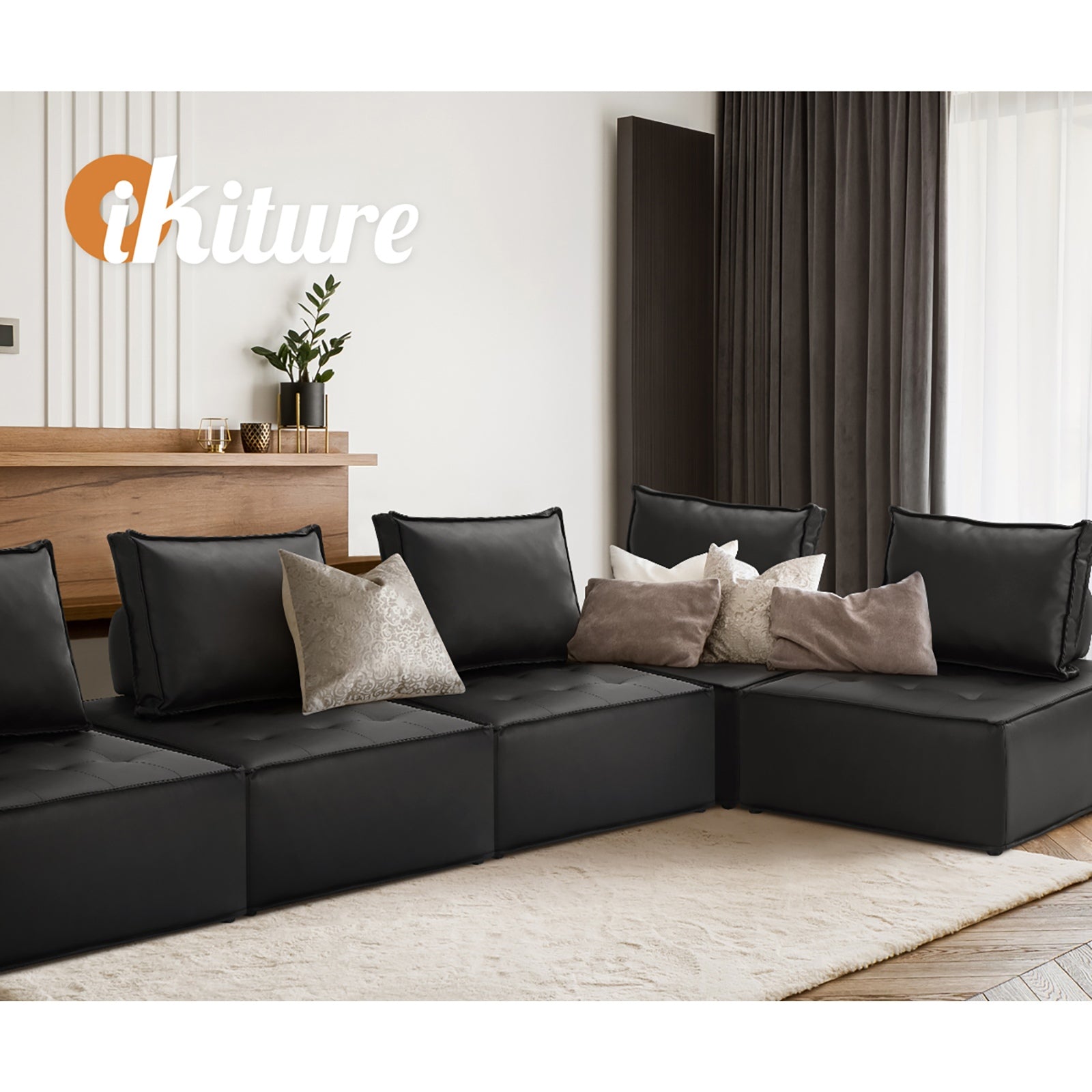 Oikiture 3PC Modular Sofa Lounge Chair Armless TOFU Back PU Leather Black