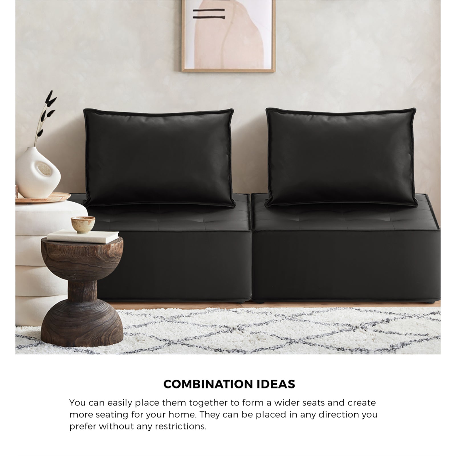 Oikiture 4PC Modular Sofa Lounge Chair Armless TOFU Back PU Leather Black