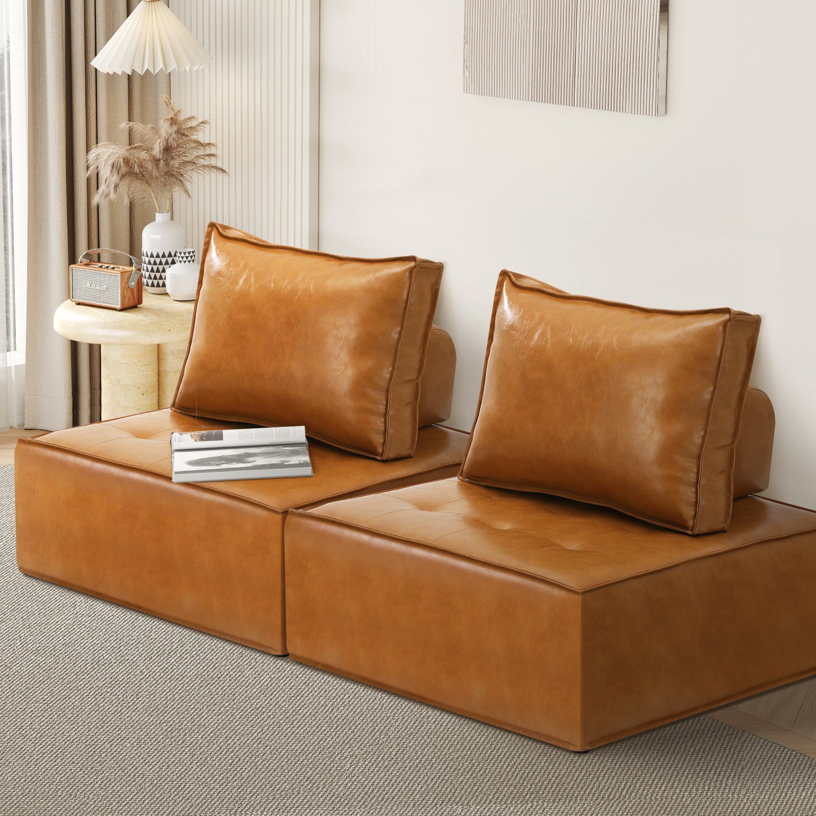 Oikiture 2PC Modular Sofa Lounge Chair Armless TOFU Back PU Leather Brown - Sunyee