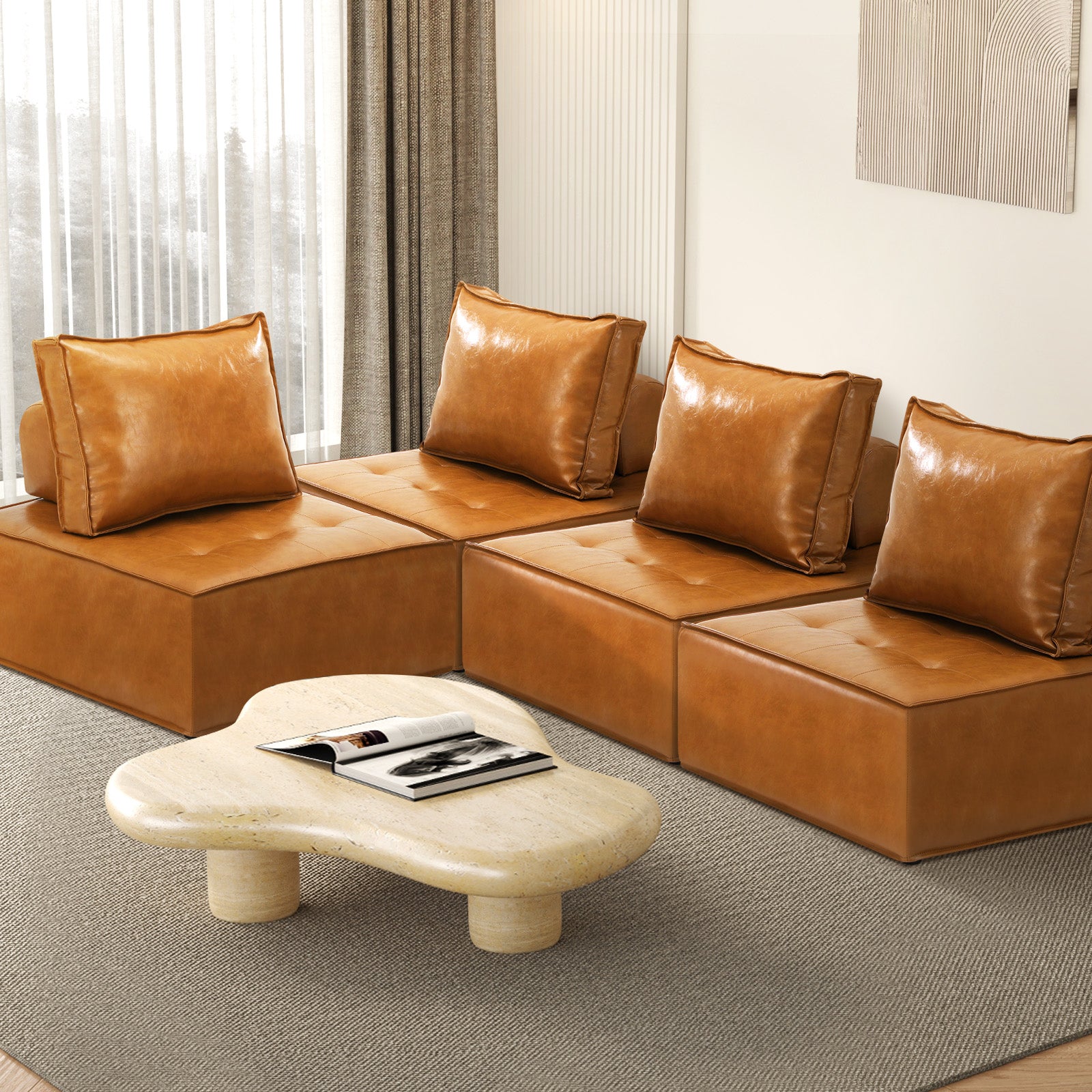Oikiture 4PC Modular Sofa Lounge Chair Armless TOFU Back PU Leather Brown - Sunyee