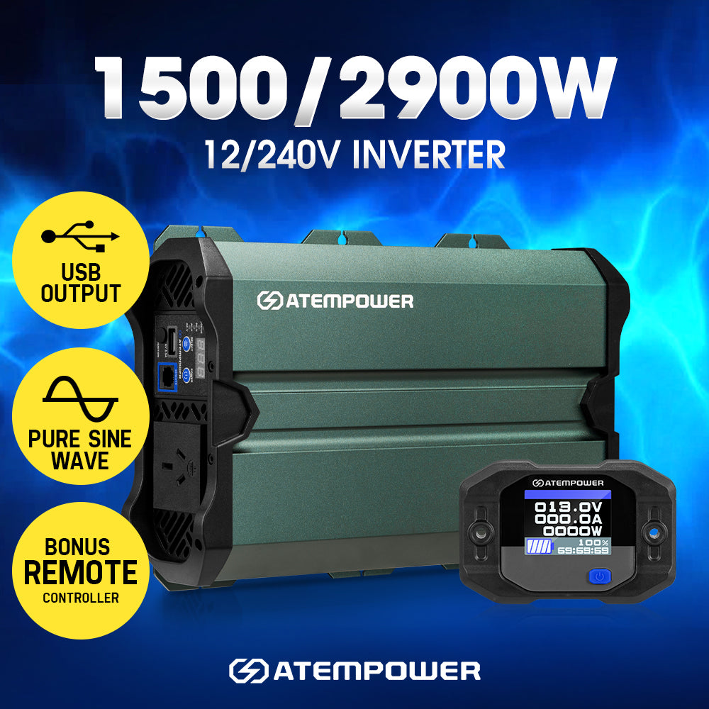 Atem Power 1000W/1500W/2000W/2500W Pure Sine Wave Inverter 12V to 240V Remote - Sunyee