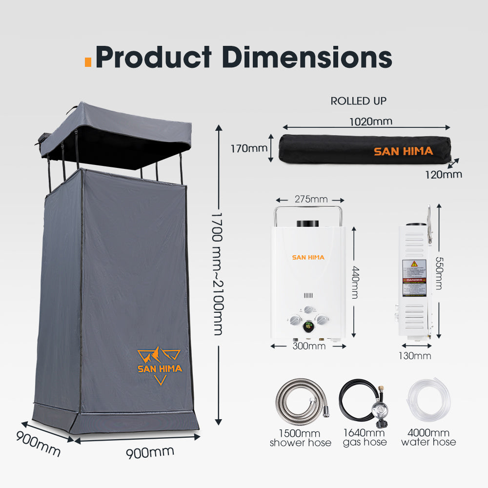 San Hima Camping Shower Tent Awning Fold-Out & 8L Portable Gas Hot Water Heater - Sunyee