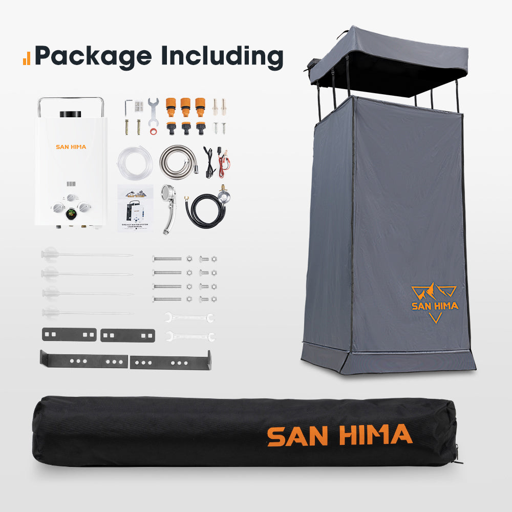 San Hima Camping Shower Tent Awning Fold-Out & 8L Portable Gas Hot Water Heater - Sunyee