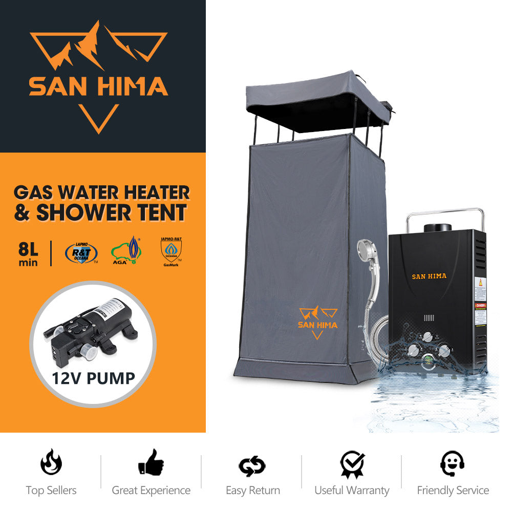 San Hima Camping Shower Tent Awning Fold-Out + 8L Gas Hot Water Heater Portable - Sunyee