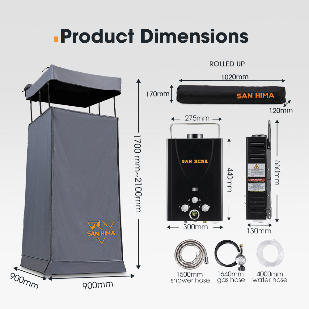San Hima Camping Shower Tent Awning Fold-Out + 8L Gas Hot Water Heater Portable - Sunyee