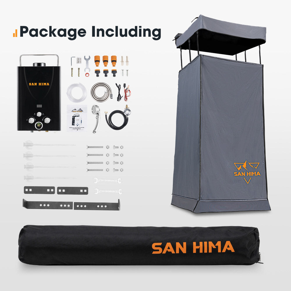 San Hima Camping Shower Tent Awning Fold-Out + 8L Gas Hot Water Heater Portable - Sunyee