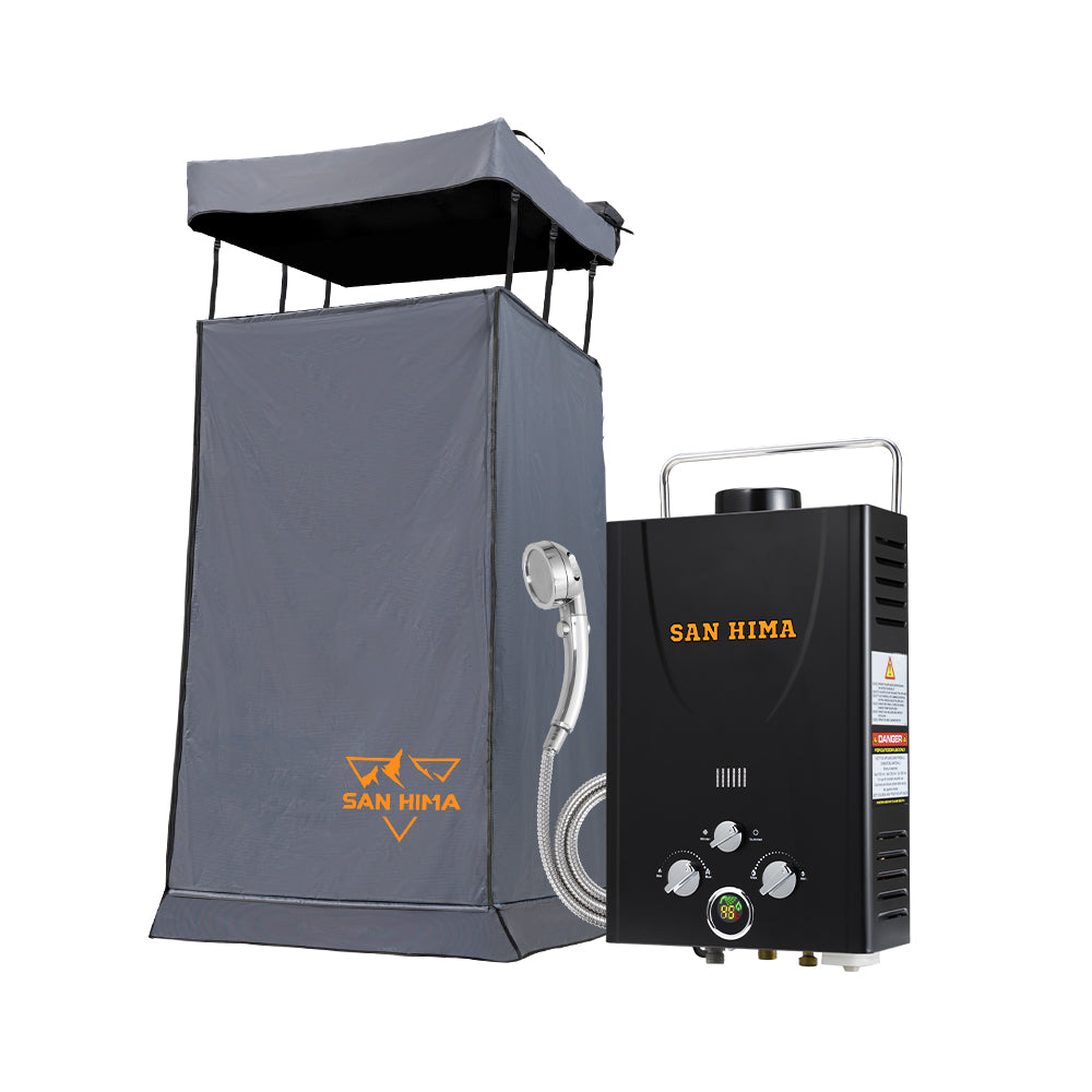 San Hima Camping Shower Tent Awning Fold-Out + 8L Gas Hot Water Heater Portable - Sunyee