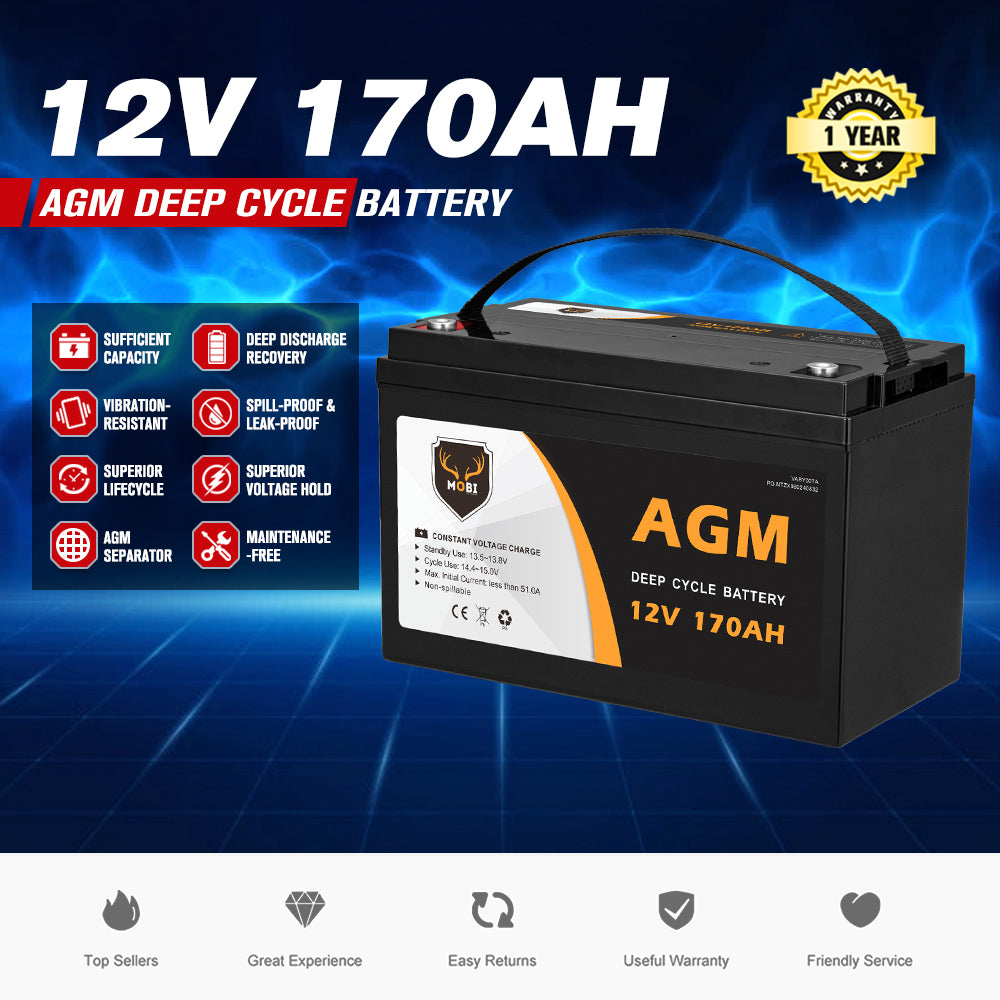 170AH 12V AGM Deep Cycle Battery Golf Cart Buggy Camping Scooter Solar Battery - Sunyee