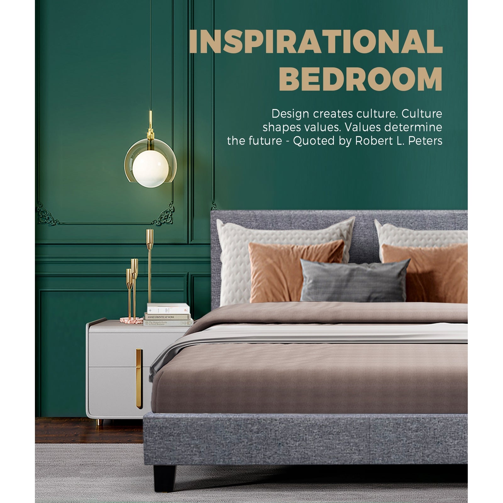 Bed Frame Queen Size Base Mattress Platform Fabric Wooden Solid Slat Grey - Sunyee