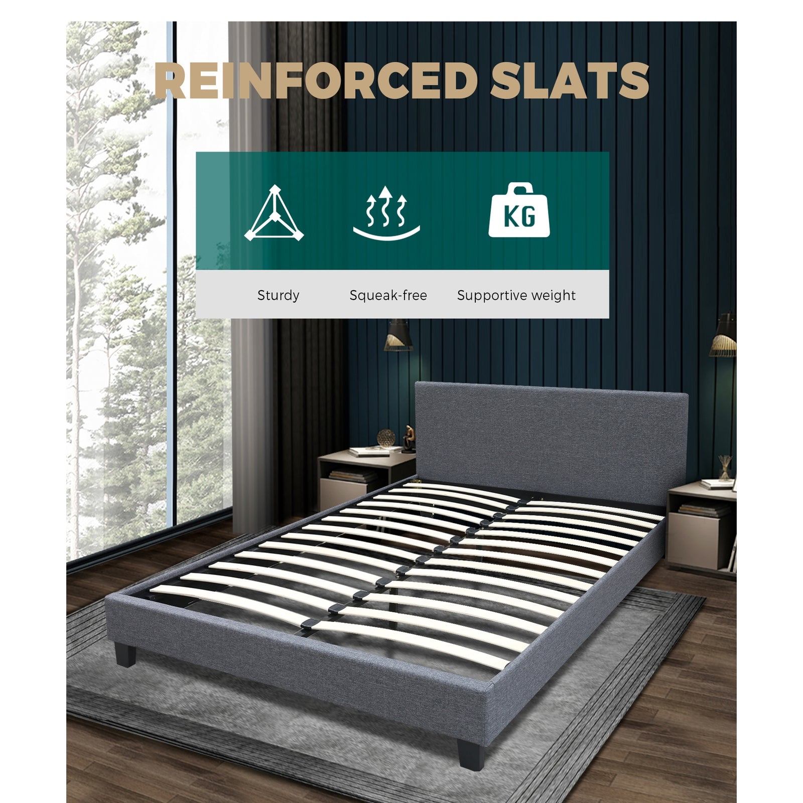 Bed Frame Queen Size Base Mattress Platform Fabric Wooden Solid Slat Grey - Sunyee