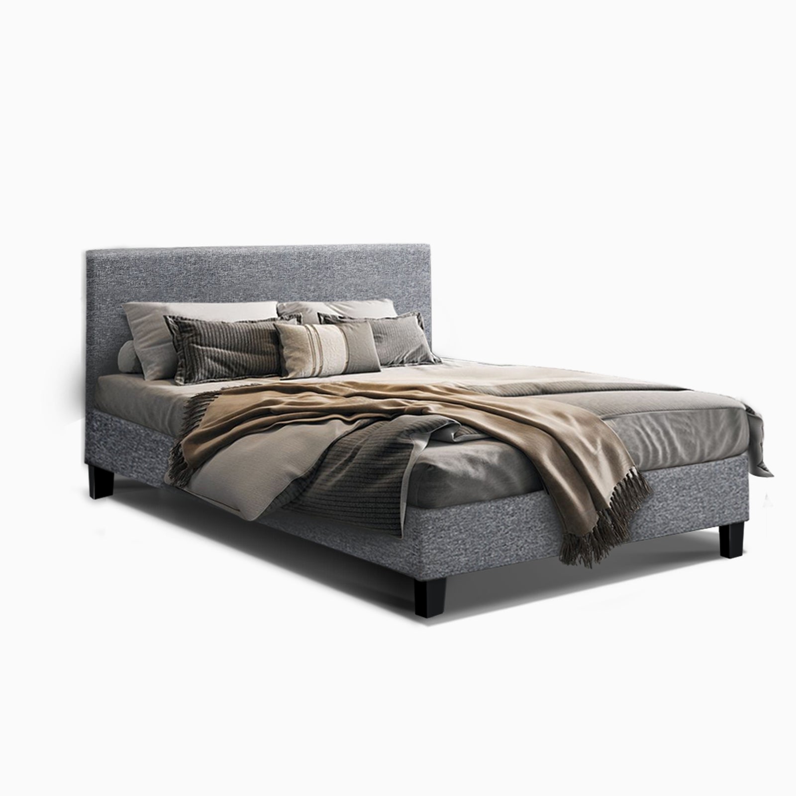 Bed Frame Queen Size Base Mattress Platform Fabric Wooden Solid Slat Grey - Sunyee