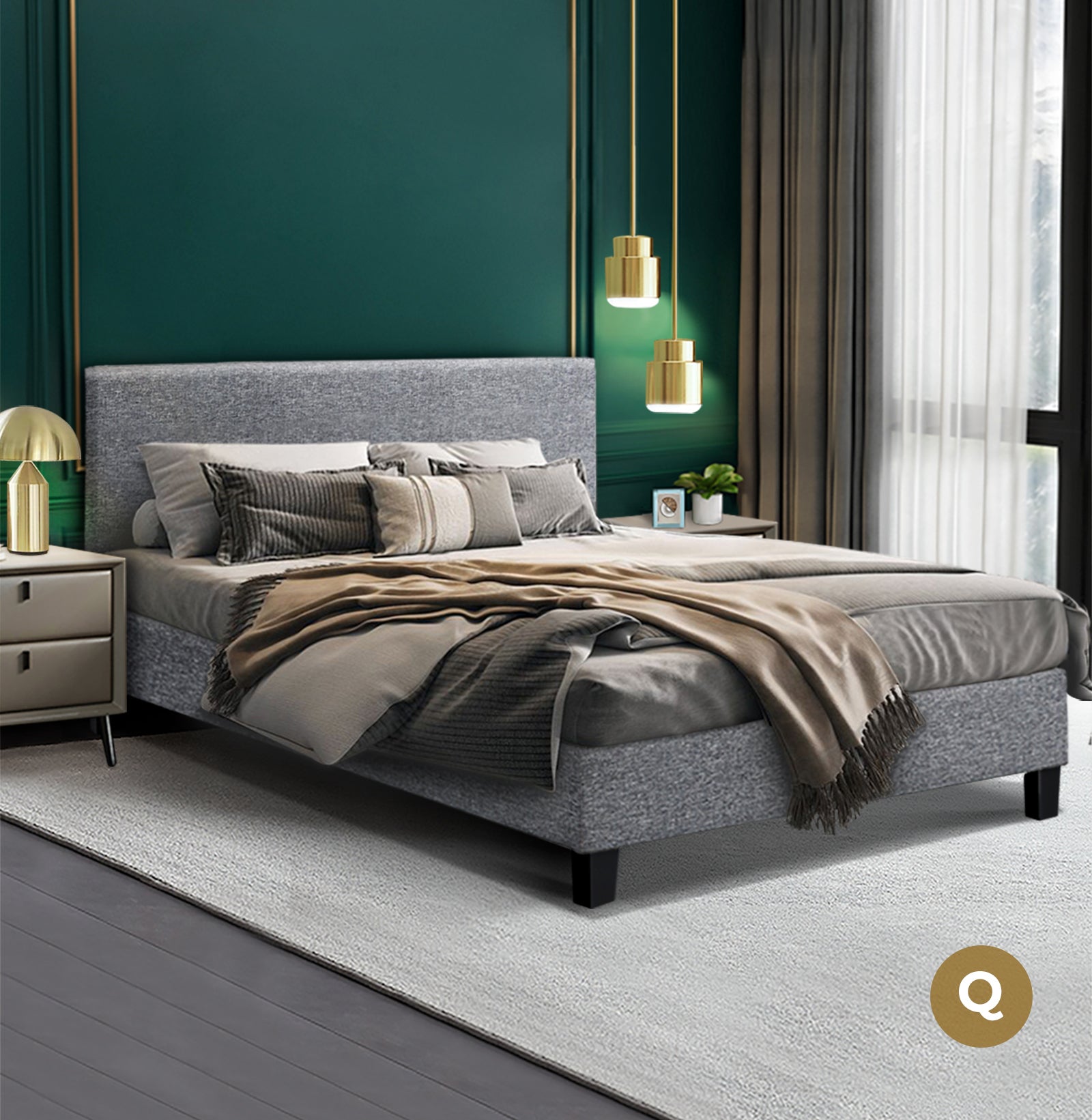 Bed Frame Queen Size Base Mattress Platform Fabric Wooden Solid Slat Grey - Sunyee