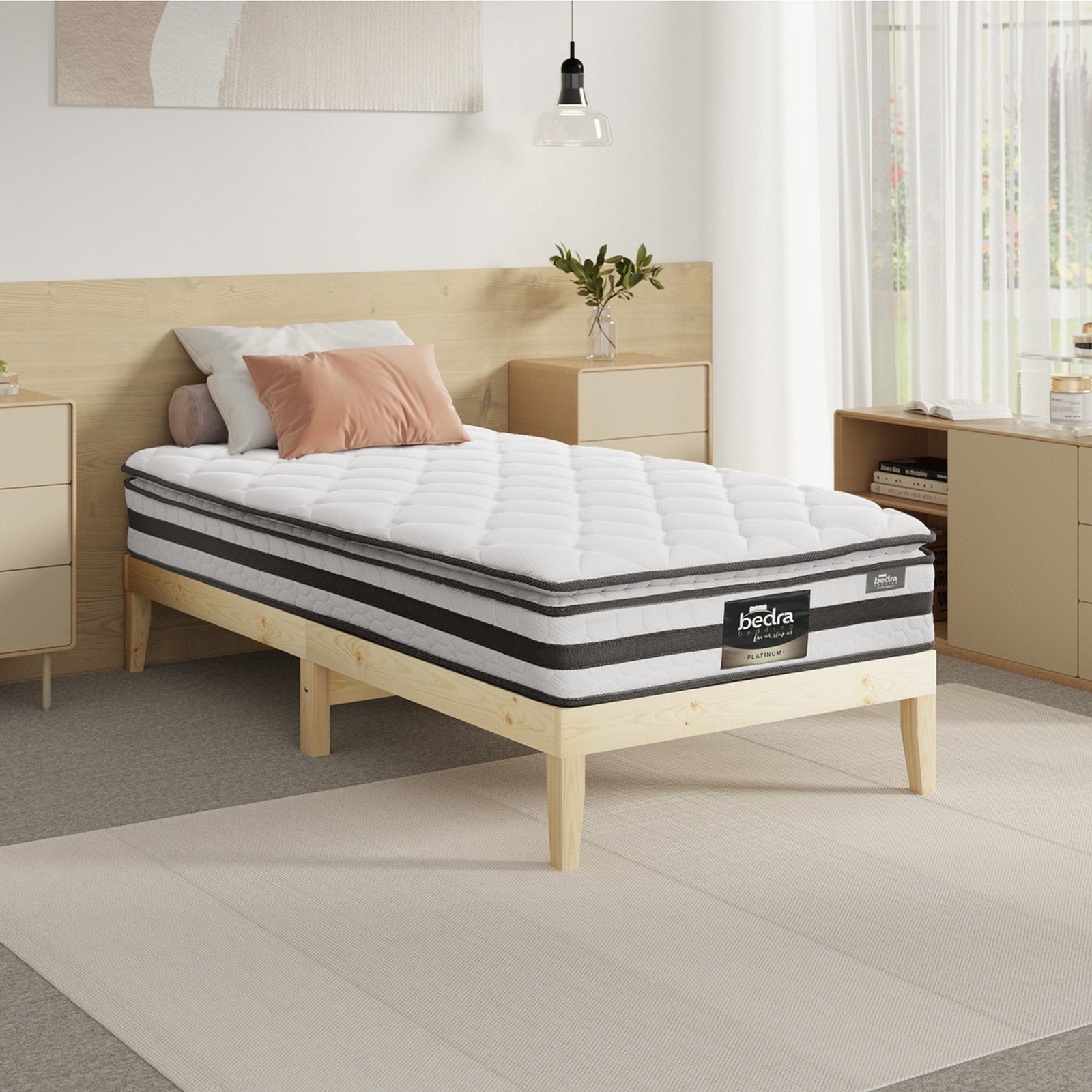 Oikiture Bed Frame King Single Wooden Timber Platform with Mattress - Sunyee
