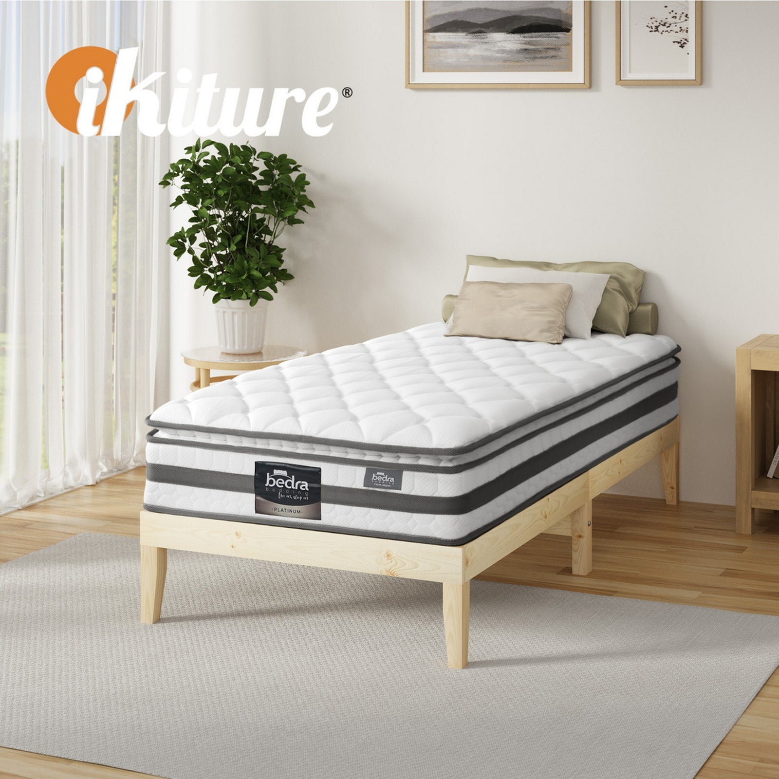 Oikiture Bed Frame King Single Wooden Timber Platform with Mattress - Sunyee