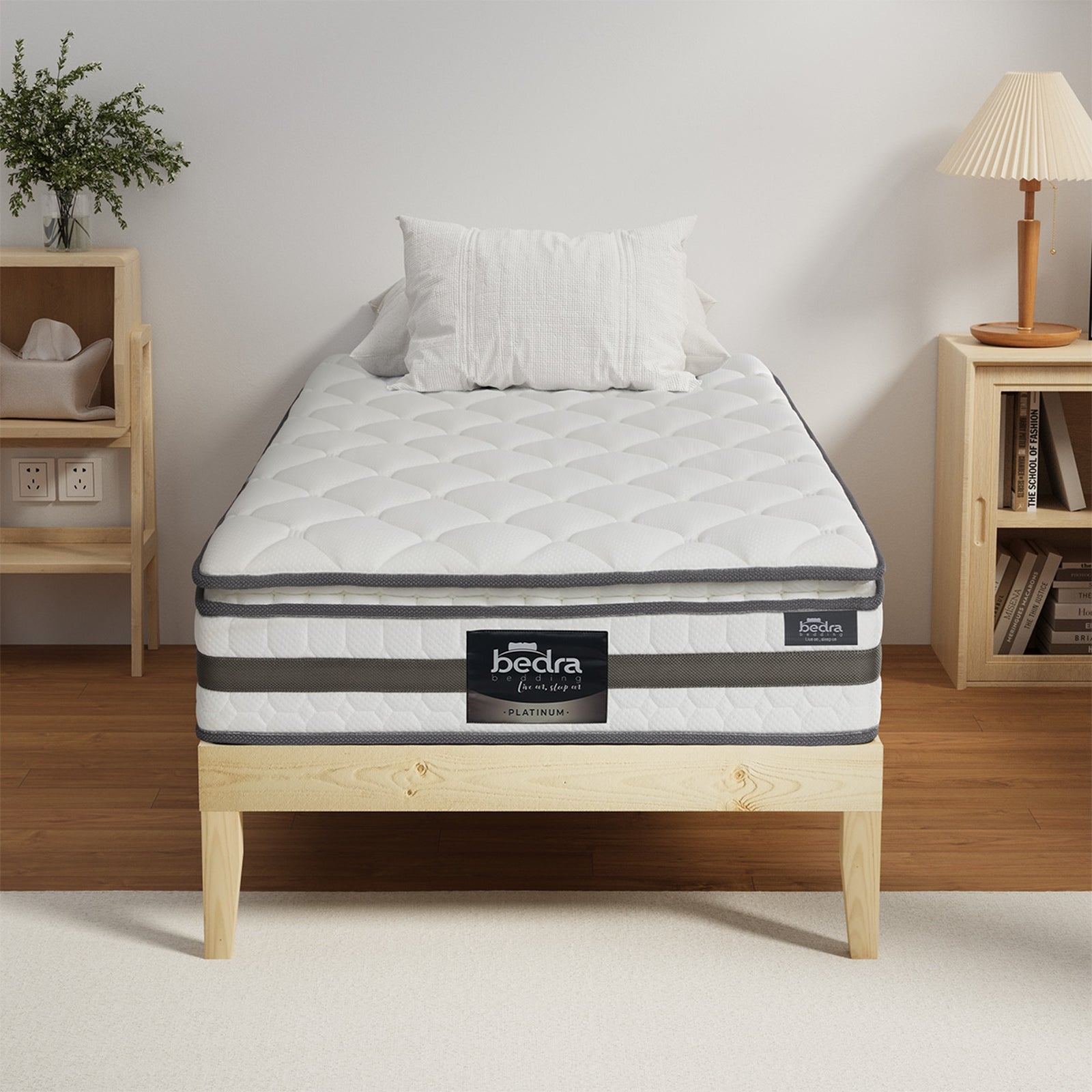 Oikiture Bed Frame Single Size Wooden Timber Platform with Mattress - Sunyee