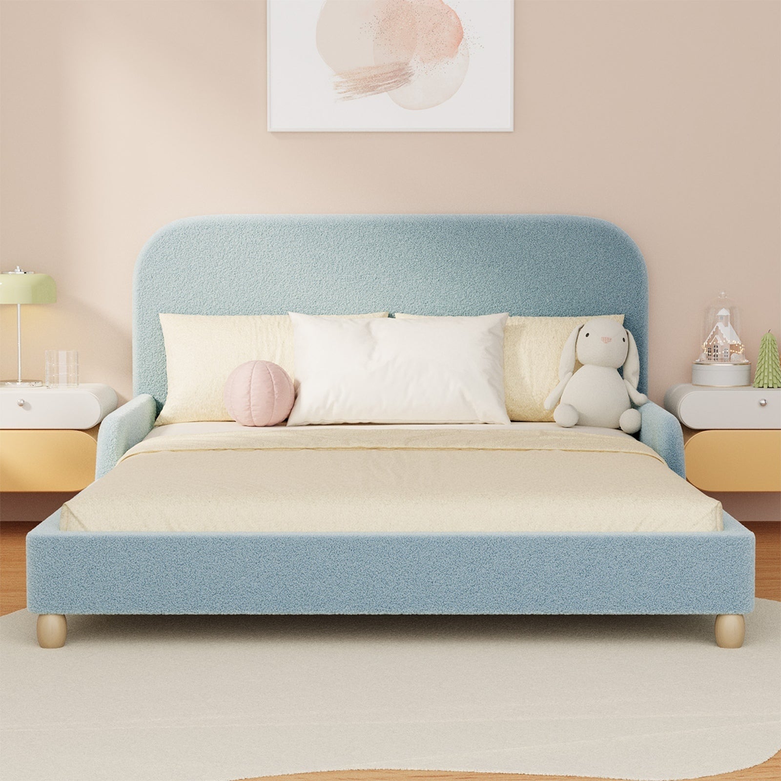 Oikiture Kids Bed Frame Double Size Base with Side Guard Rails Boucle Blue