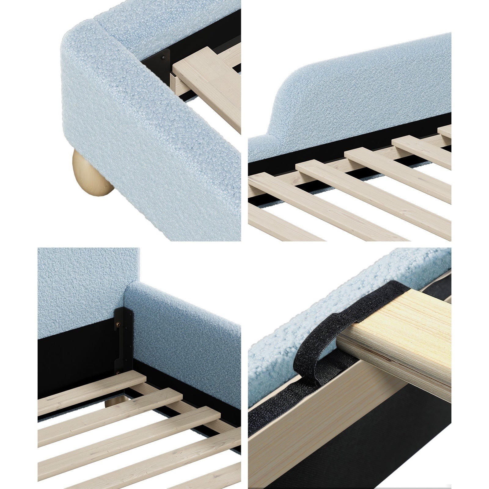 Oikiture Kids Bed Frame Double Size Base with Side Guard Rails Boucle Blue