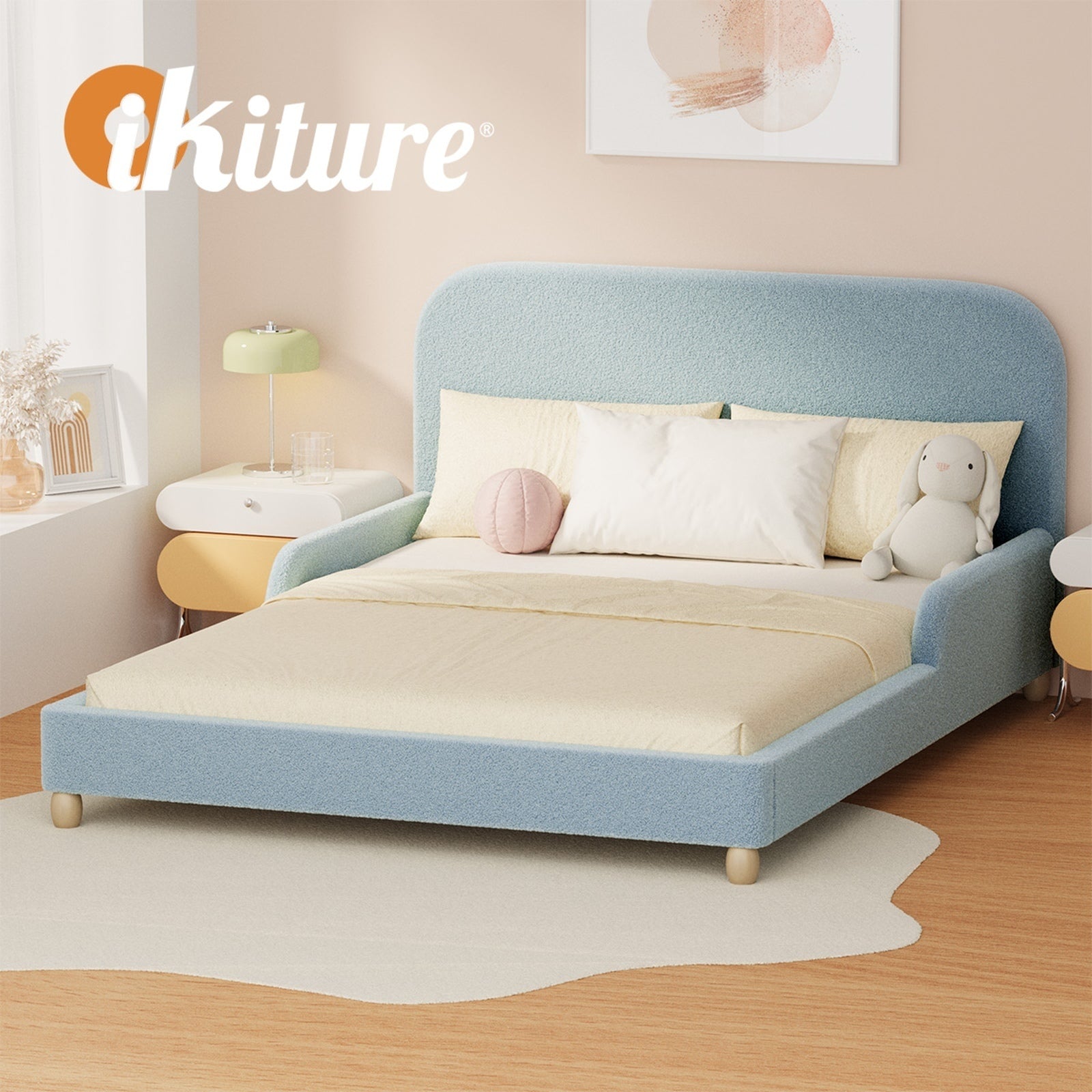 Oikiture Kids Bed Frame Double Size Base with Side Guard Rails Boucle Blue