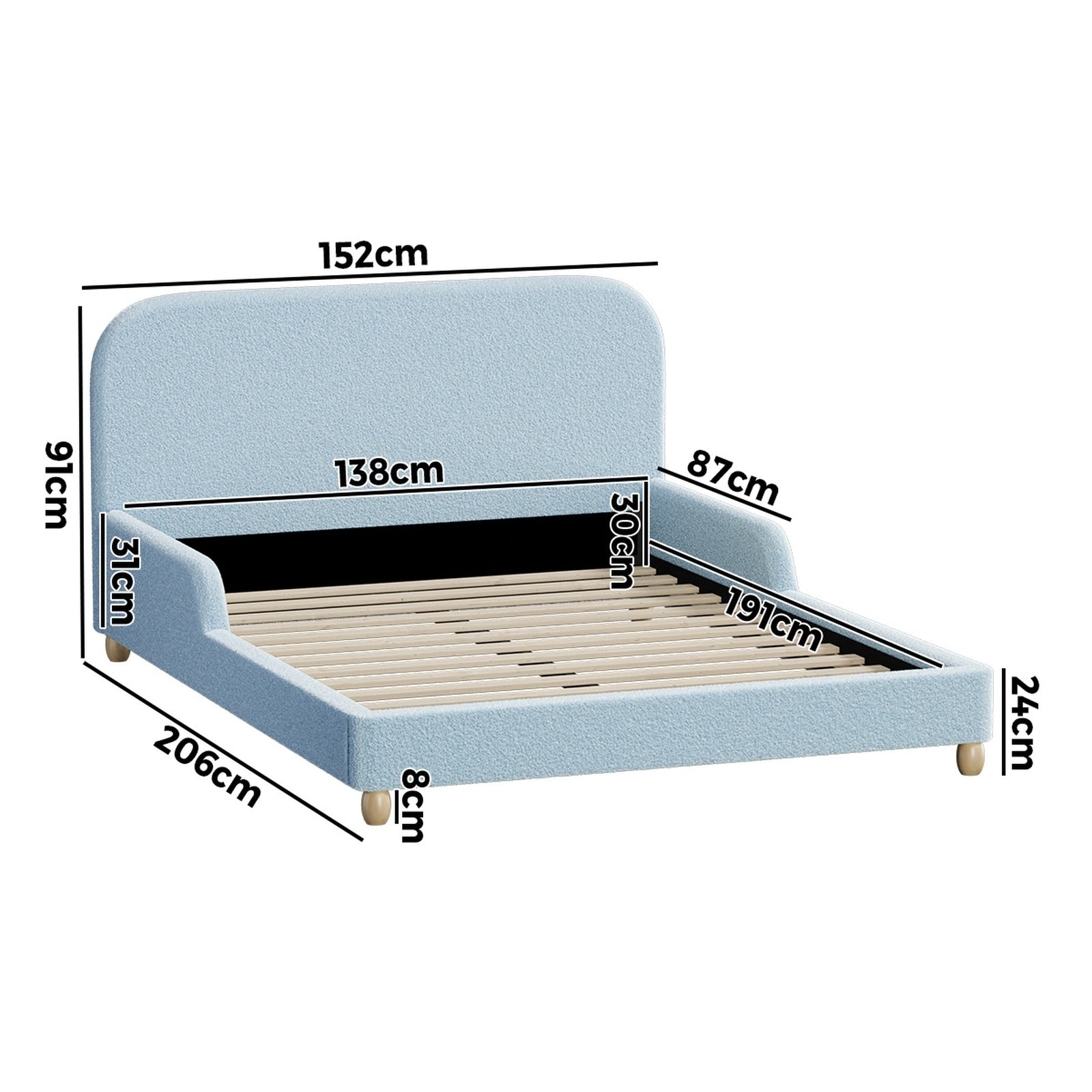 Oikiture Kids Bed Frame Double Size Base with Side Guard Rails Boucle Blue