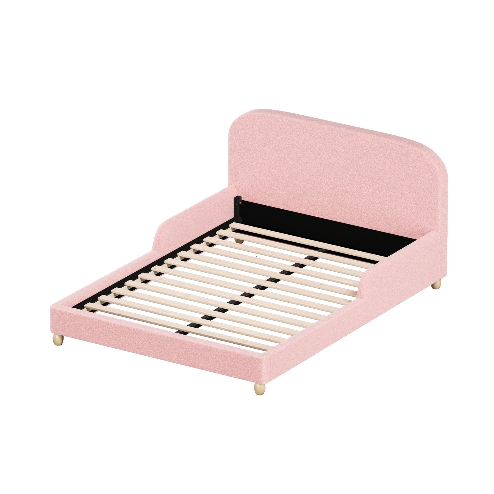 Oikiture Kids Bed Frame Double Size Base with Side Guard Rails Boucle Pink