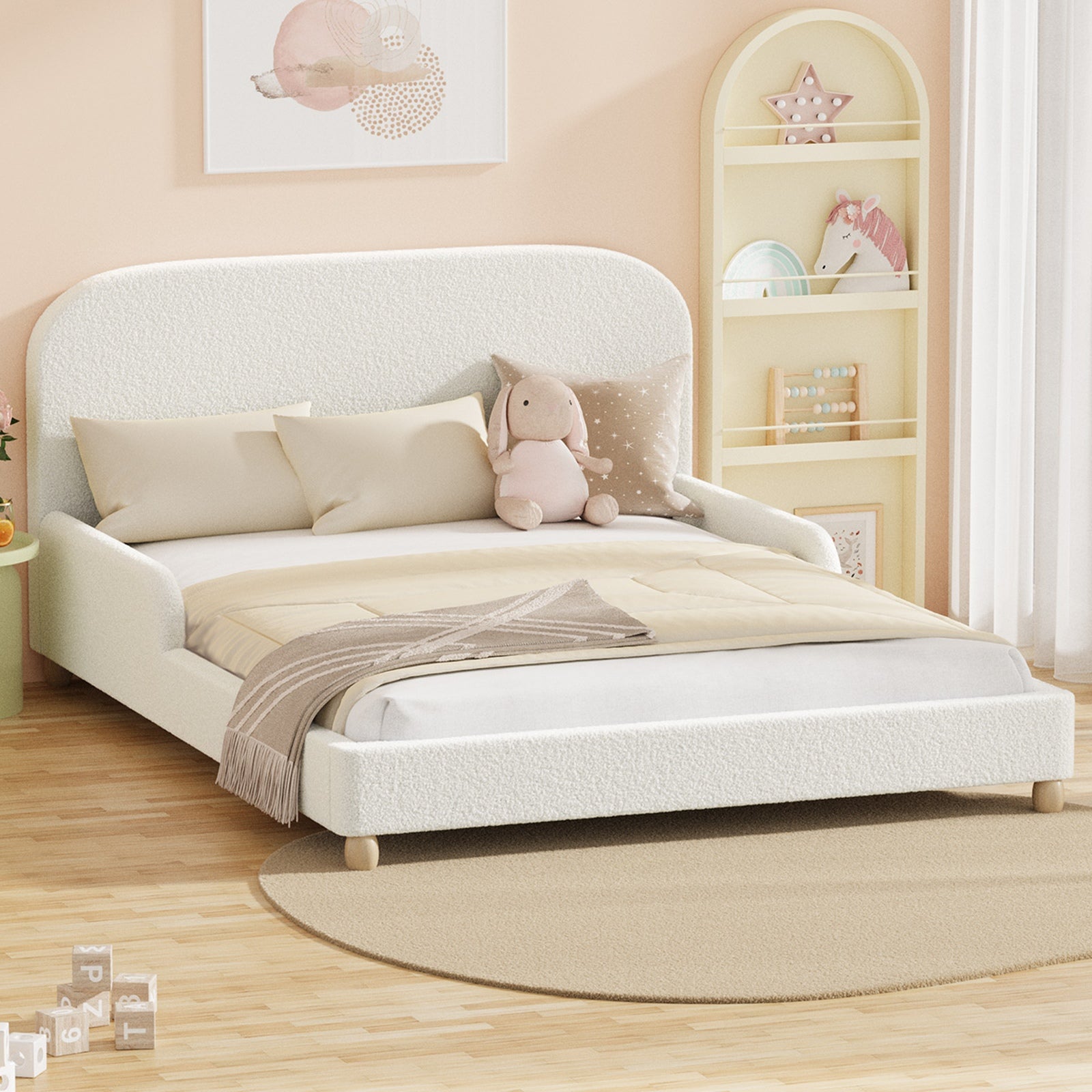 Oikiture Kids Bed Frame Double Single Platform Beds Side Guard Rails Boucle