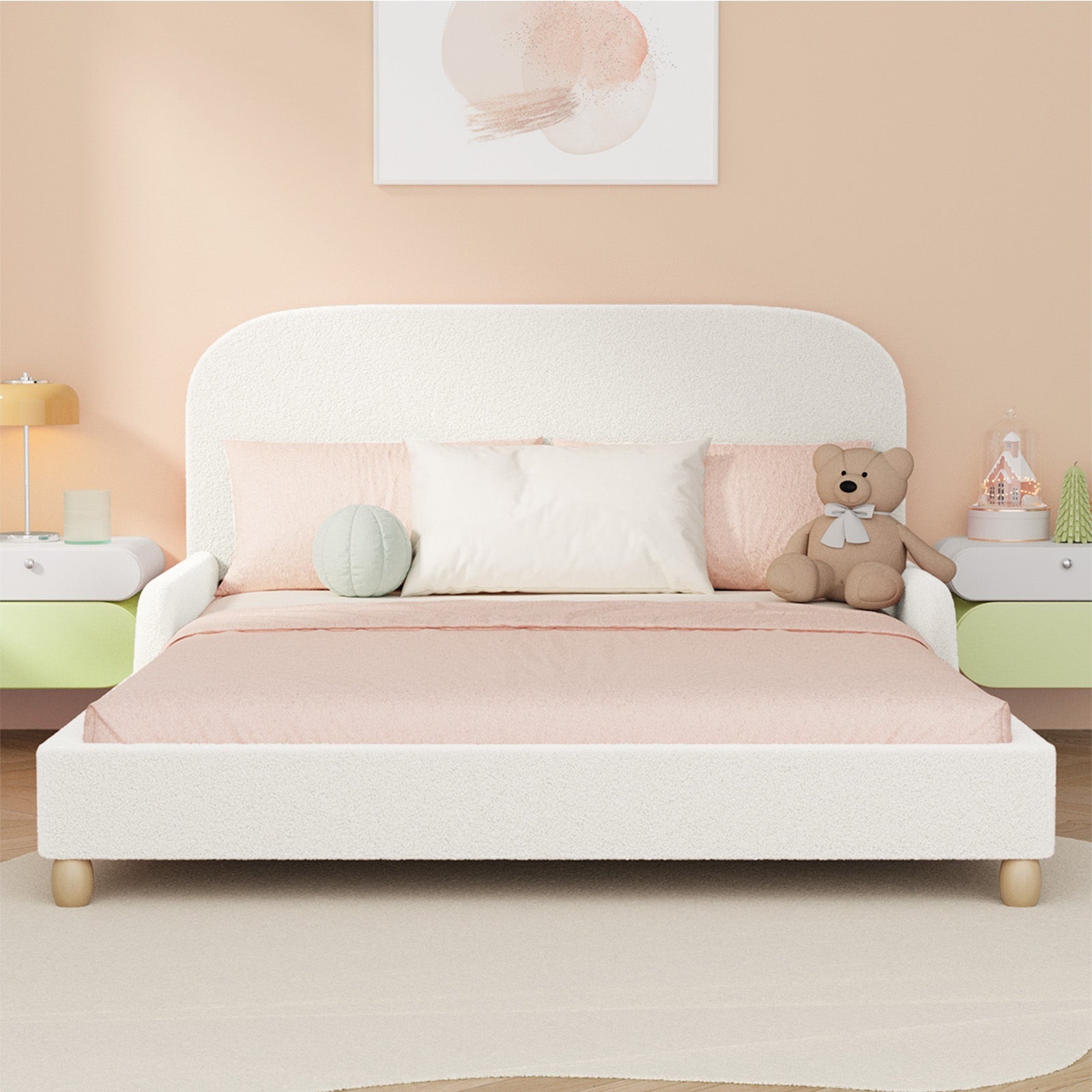 Oikiture Kids Bed Frame Double Size Base with Side Guard Rails Boucle White - Sunyee