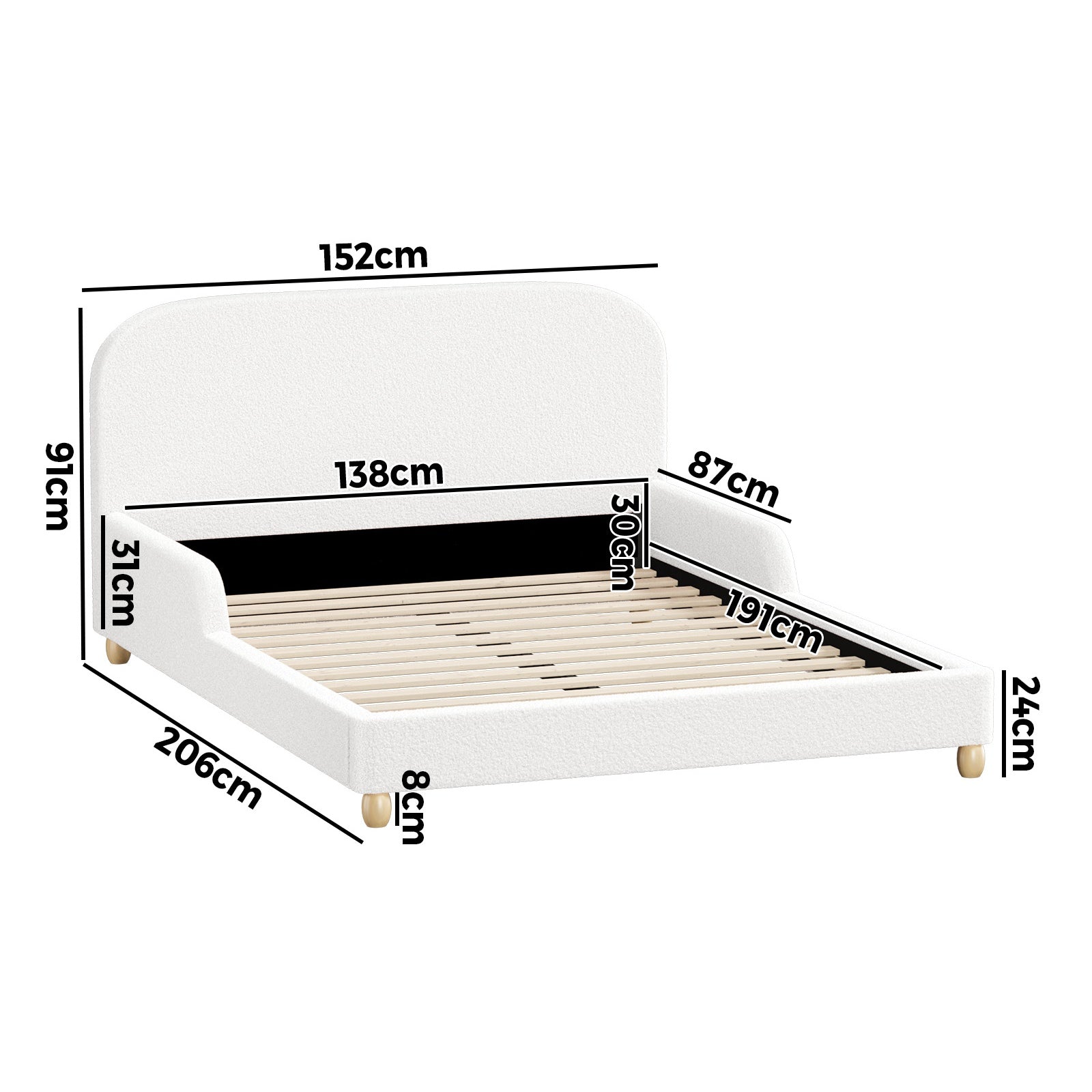 Oikiture Kids Bed Frame Double Size Base with Side Guard Rails Boucle White - Sunyee
