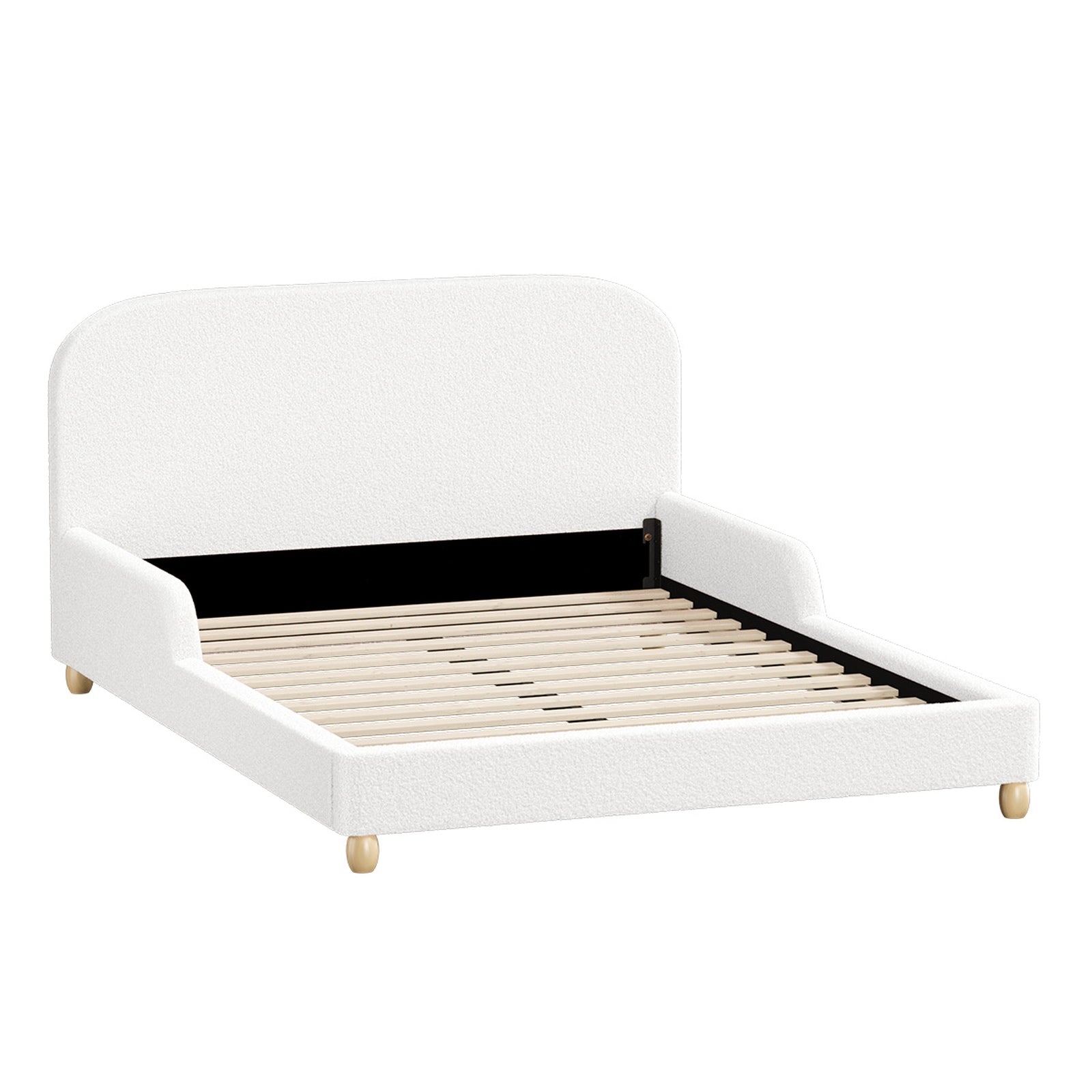 Oikiture Kids Bed Frame Double Size Base with Side Guard Rails Boucle White - Sunyee