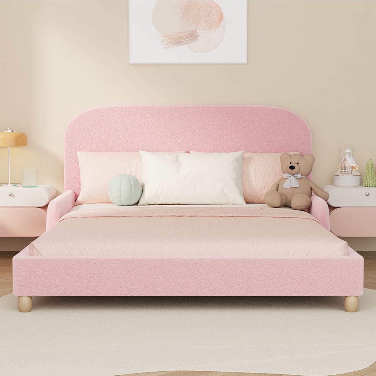 Oikiture Kids Bed Frame Double Single Size Side Guard Rails Boucle Pink