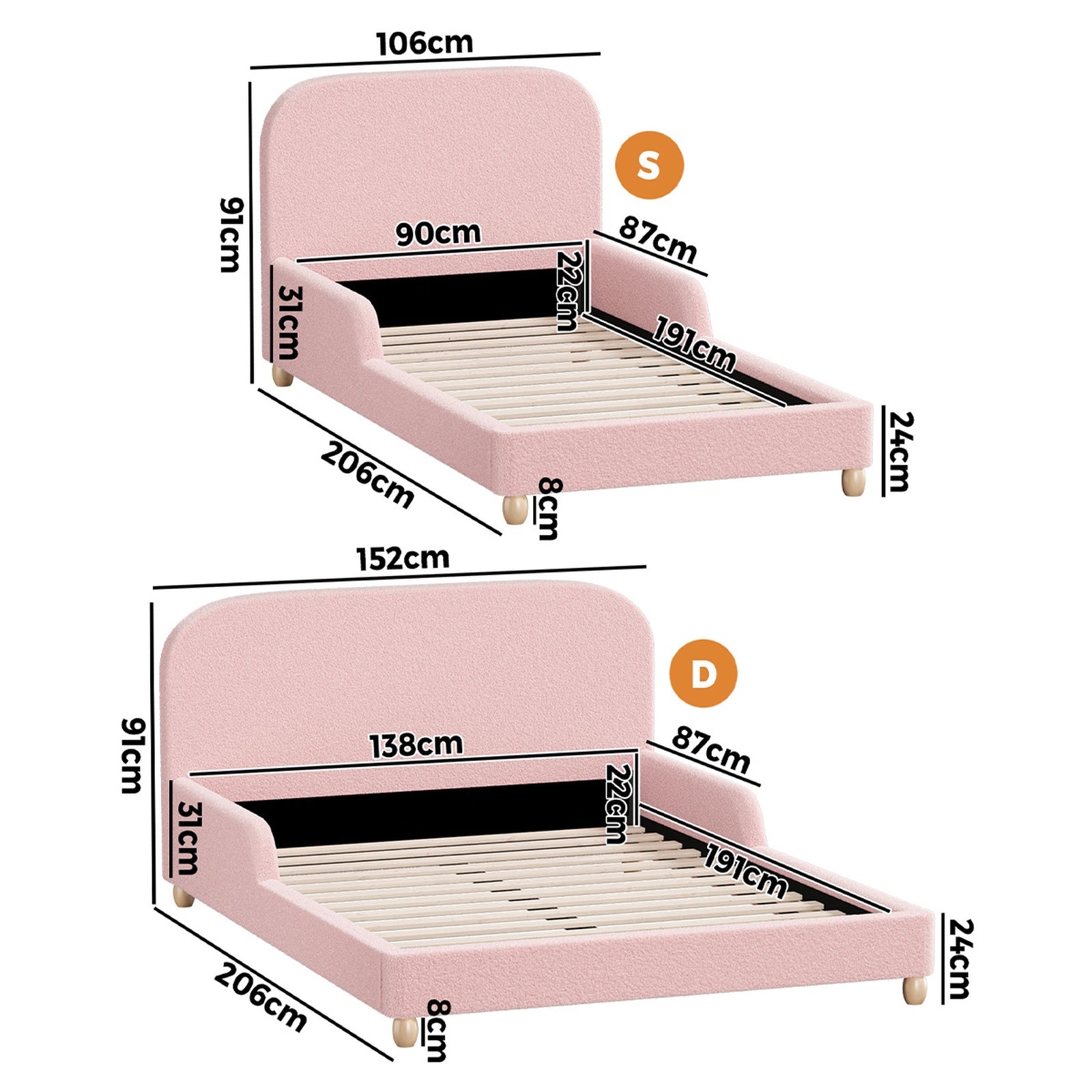 Oikiture Kids Bed Frame Double Single Size Side Guard Rails Boucle Pink - Sunyee