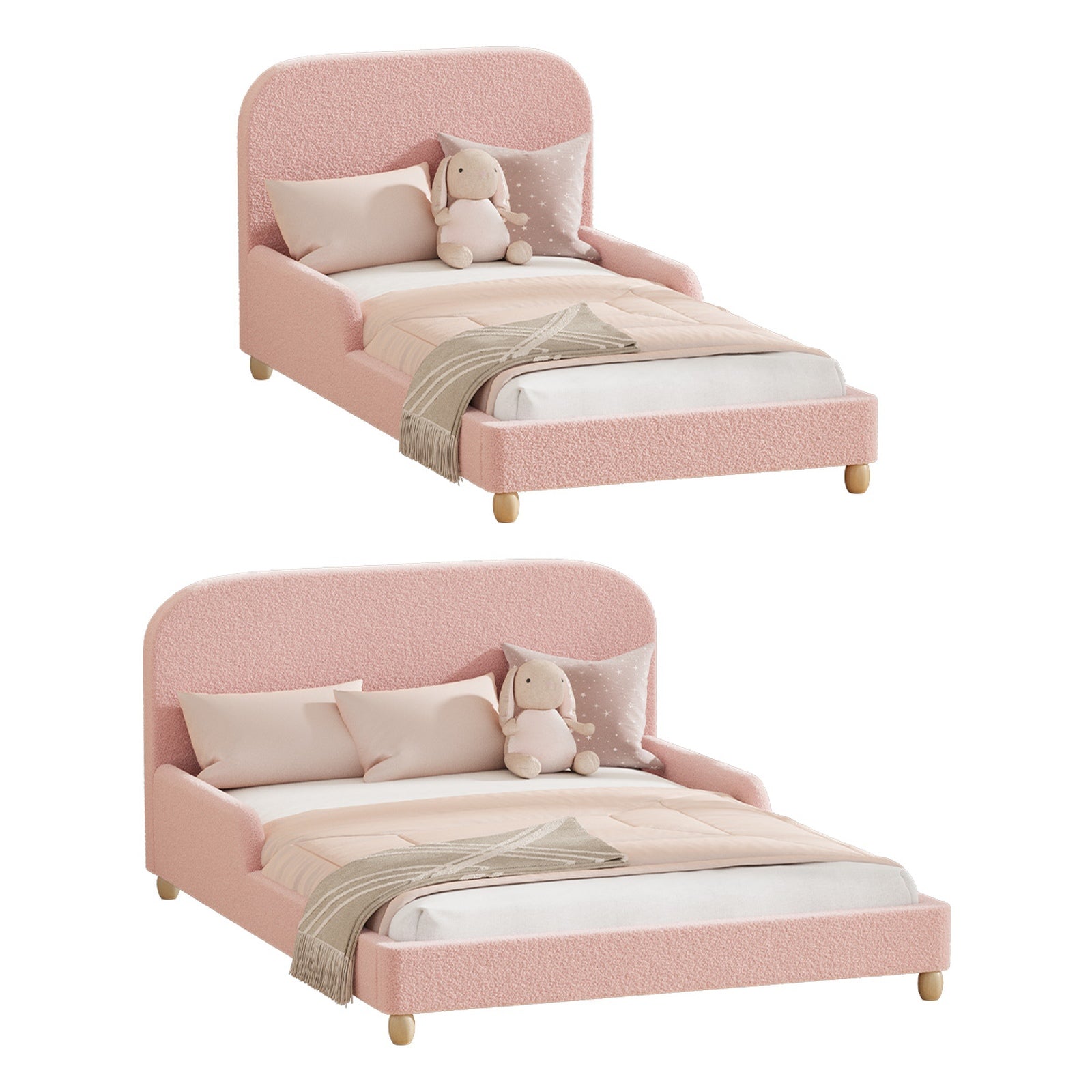 Oikiture Kids Bed Frame Double Single Size Side Guard Rails Boucle Pink
