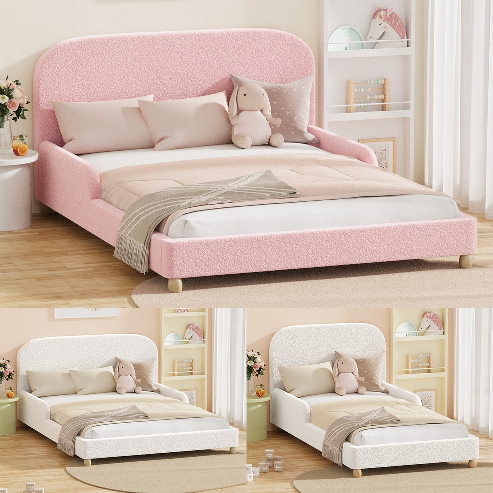 Oikiture Kids Bed Frame Double Single Platform Beds Side Guard Rails Boucle