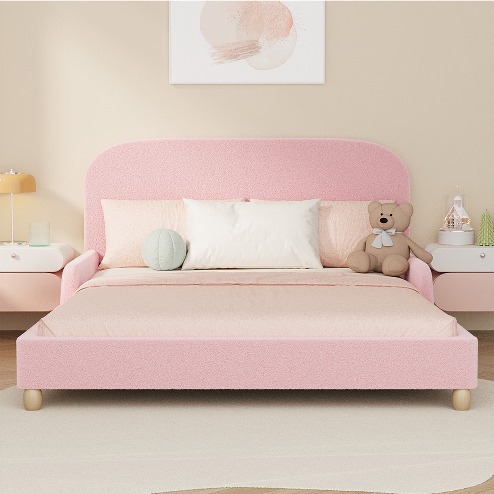 Oikiture Kids Bed Frame Double Single Platform Beds Side Guard Rails Boucle