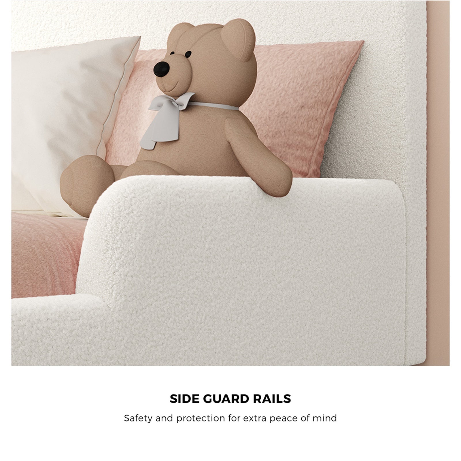 Oikiture Kids Bed Frame Double Single Platform Beds Side Guard Rails Boucle - Sunyee