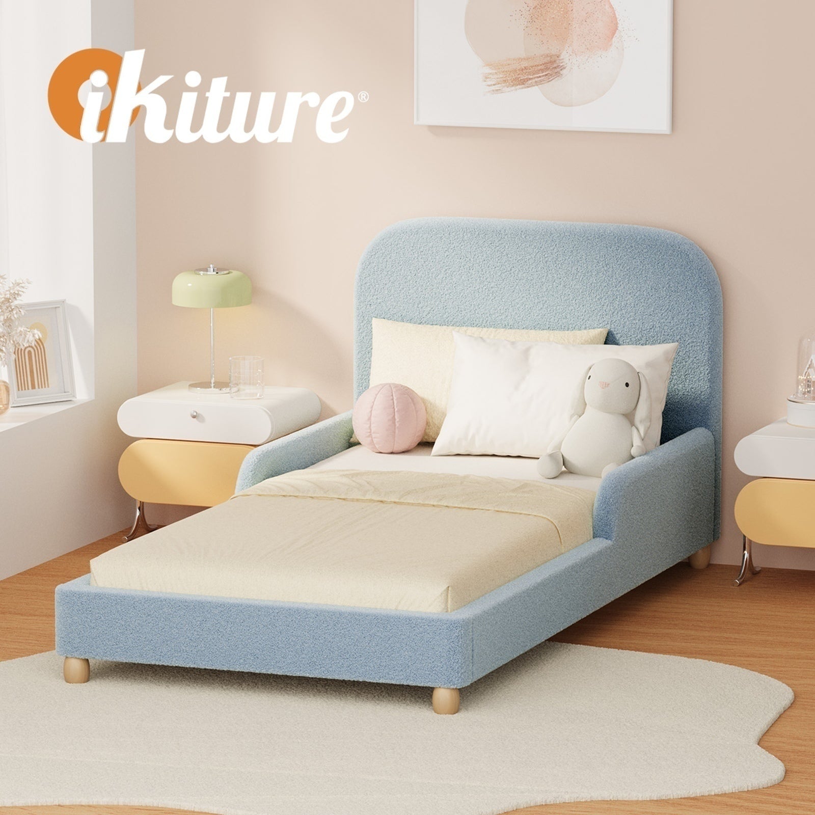 Oikiture Kids Bed Frame Single Size Base with Side Guard Rails Boucle Blue
