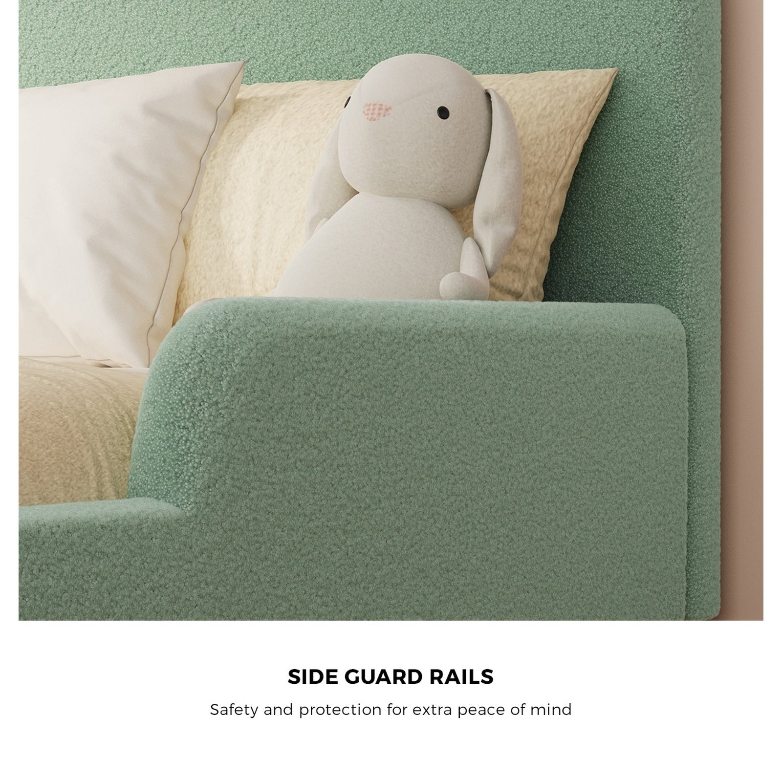 Oikiture Kids Bed Frame Single Size Base with Side Guard Rails Boucle Green