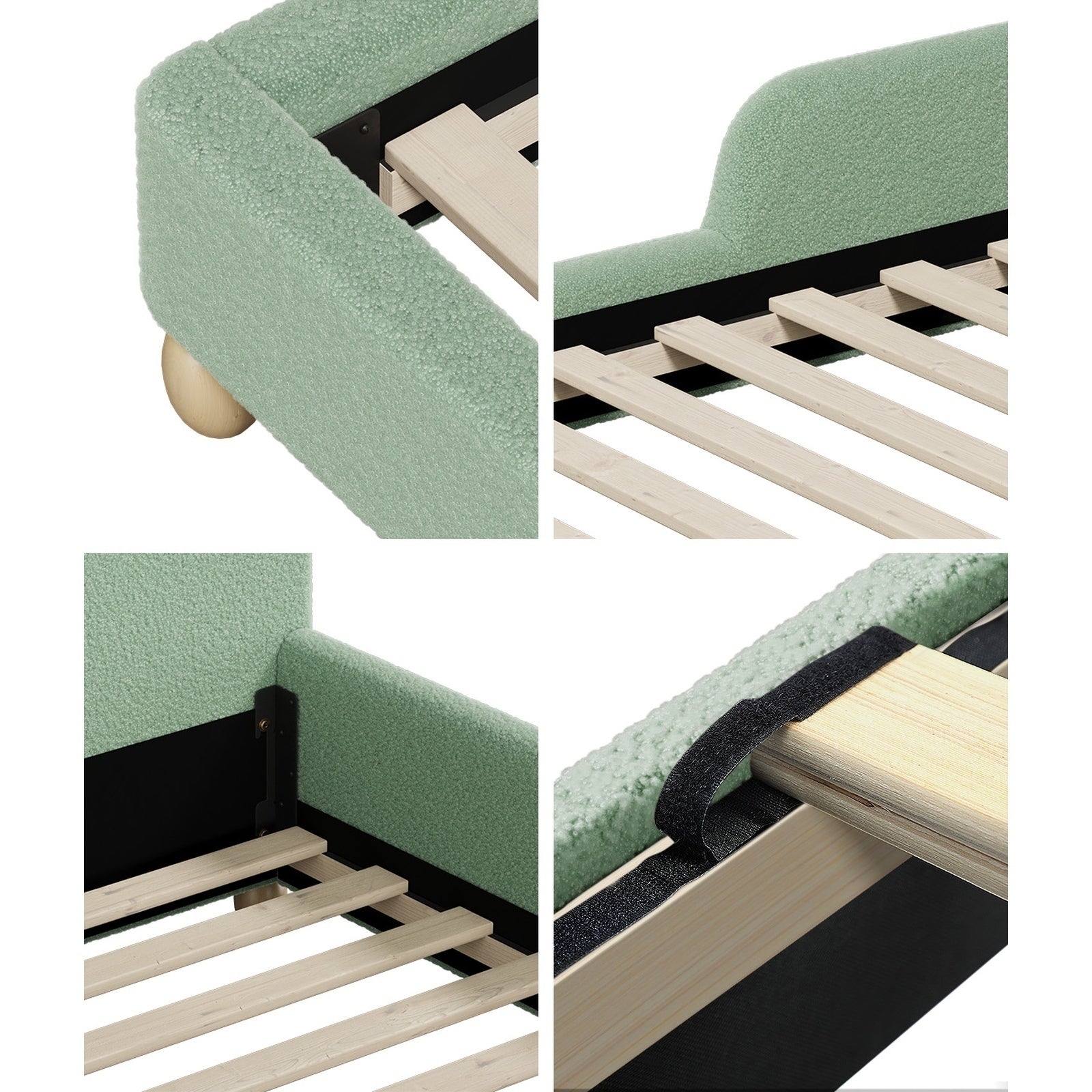 Oikiture Kids Bed Frame Single Size Base with Side Guard Rails Boucle Green