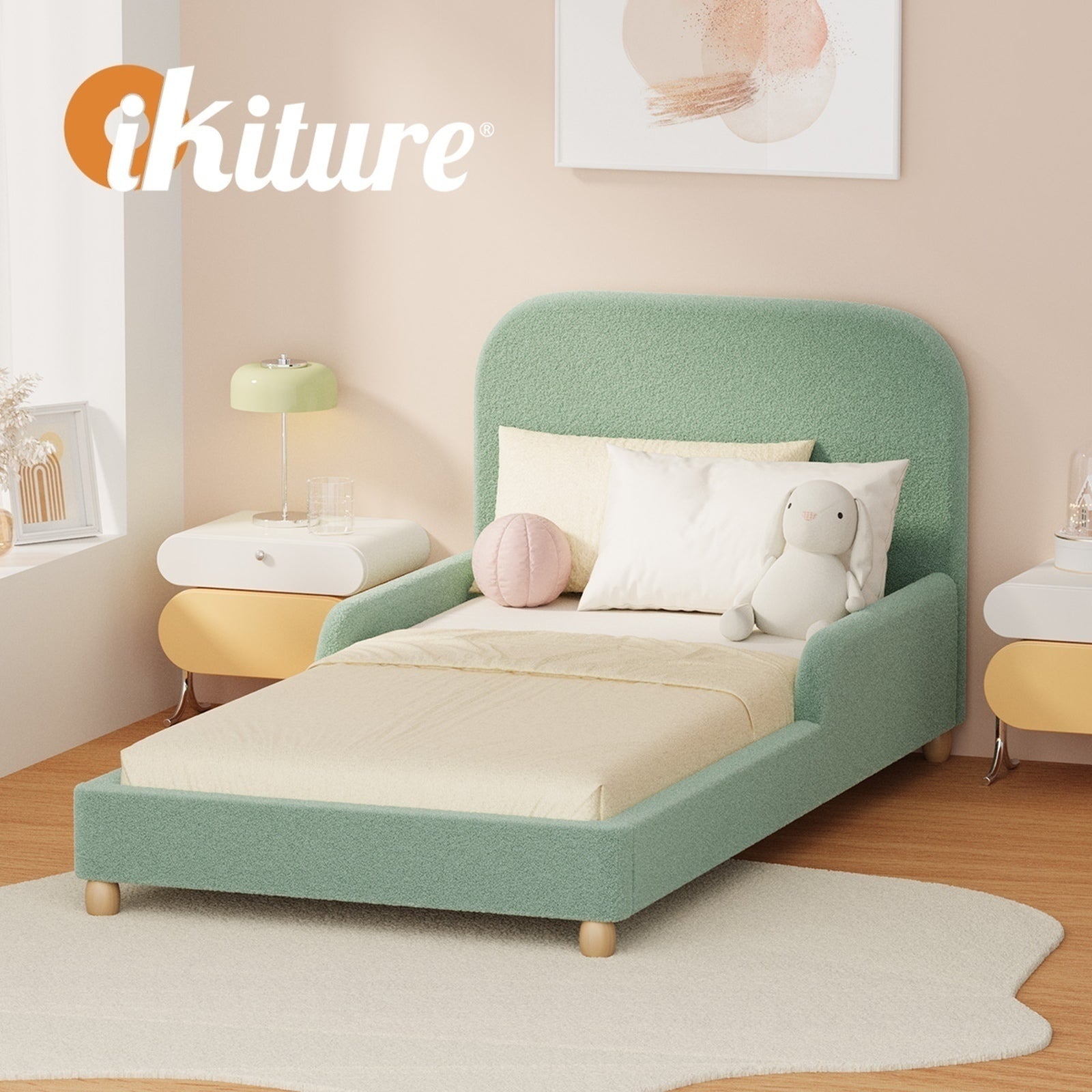 Oikiture Kids Bed Frame Double Size Base with Side Guard Rails Boucle Green